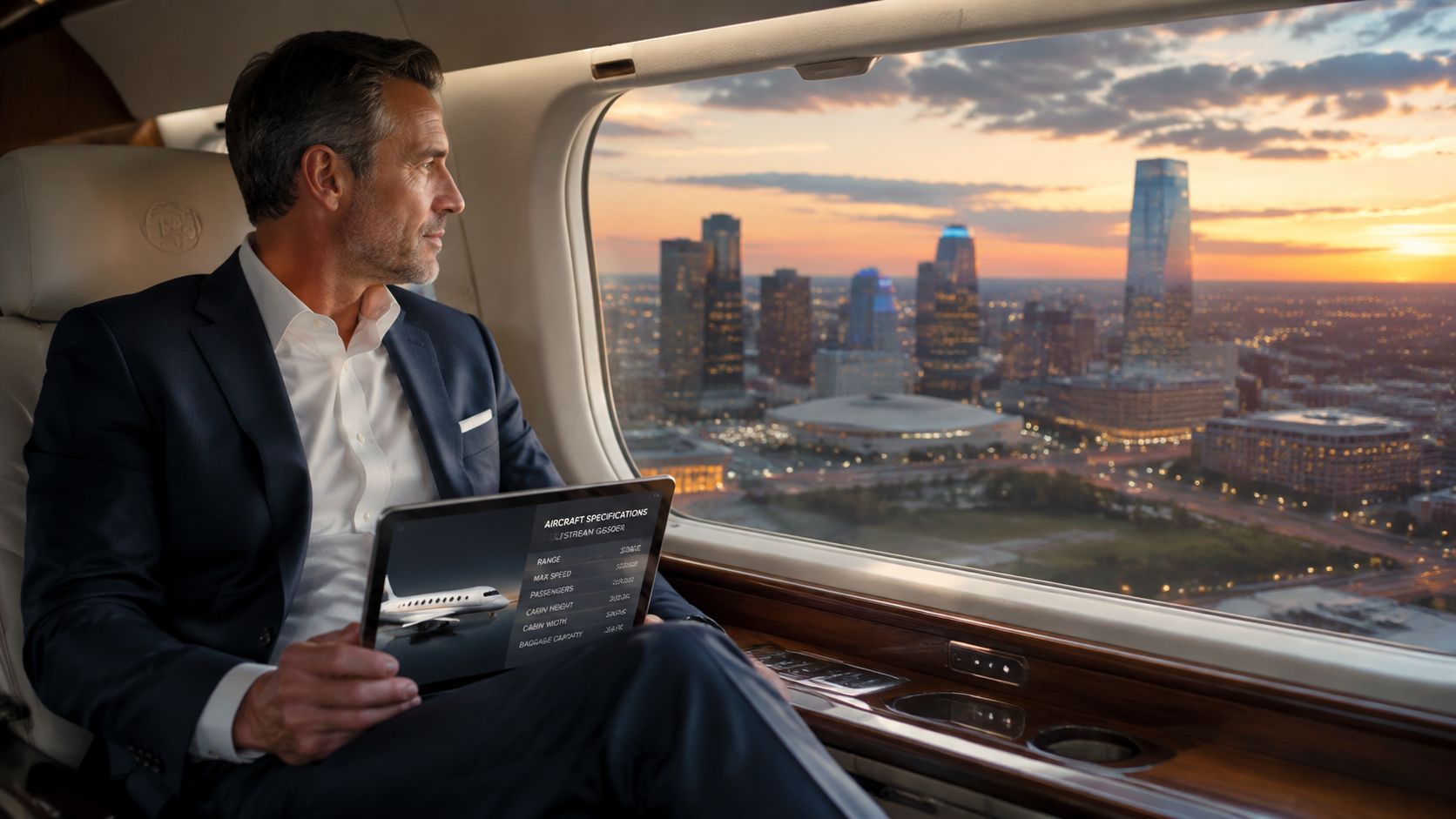 A professional man looks out the window of a private jet flying over Oklahoma City at sunset.