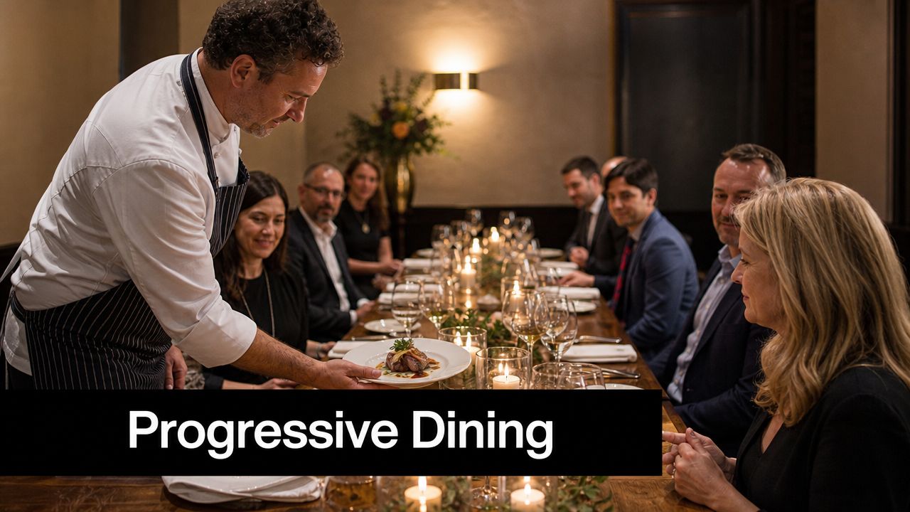 A professional chef serving a beautifully plated gourmet dish to guests at an elegant dinner party.