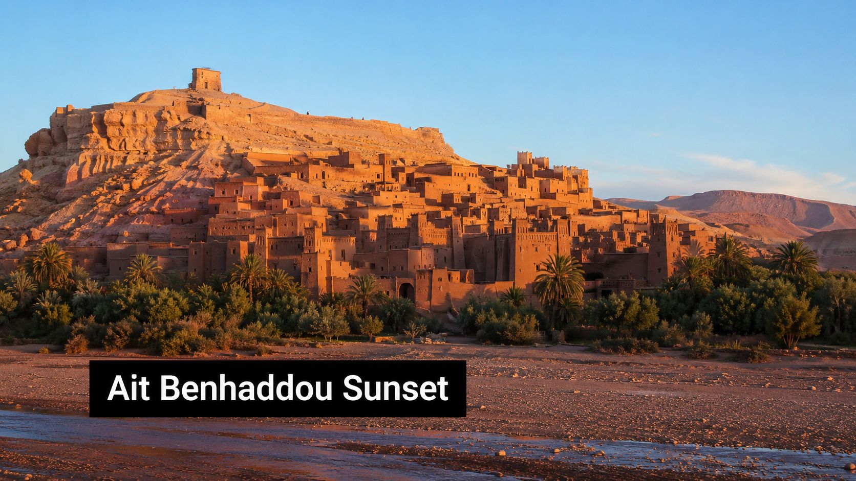 The historic fortified village of Ait Benhaddou illuminated by the warm golden glow of a sunset.