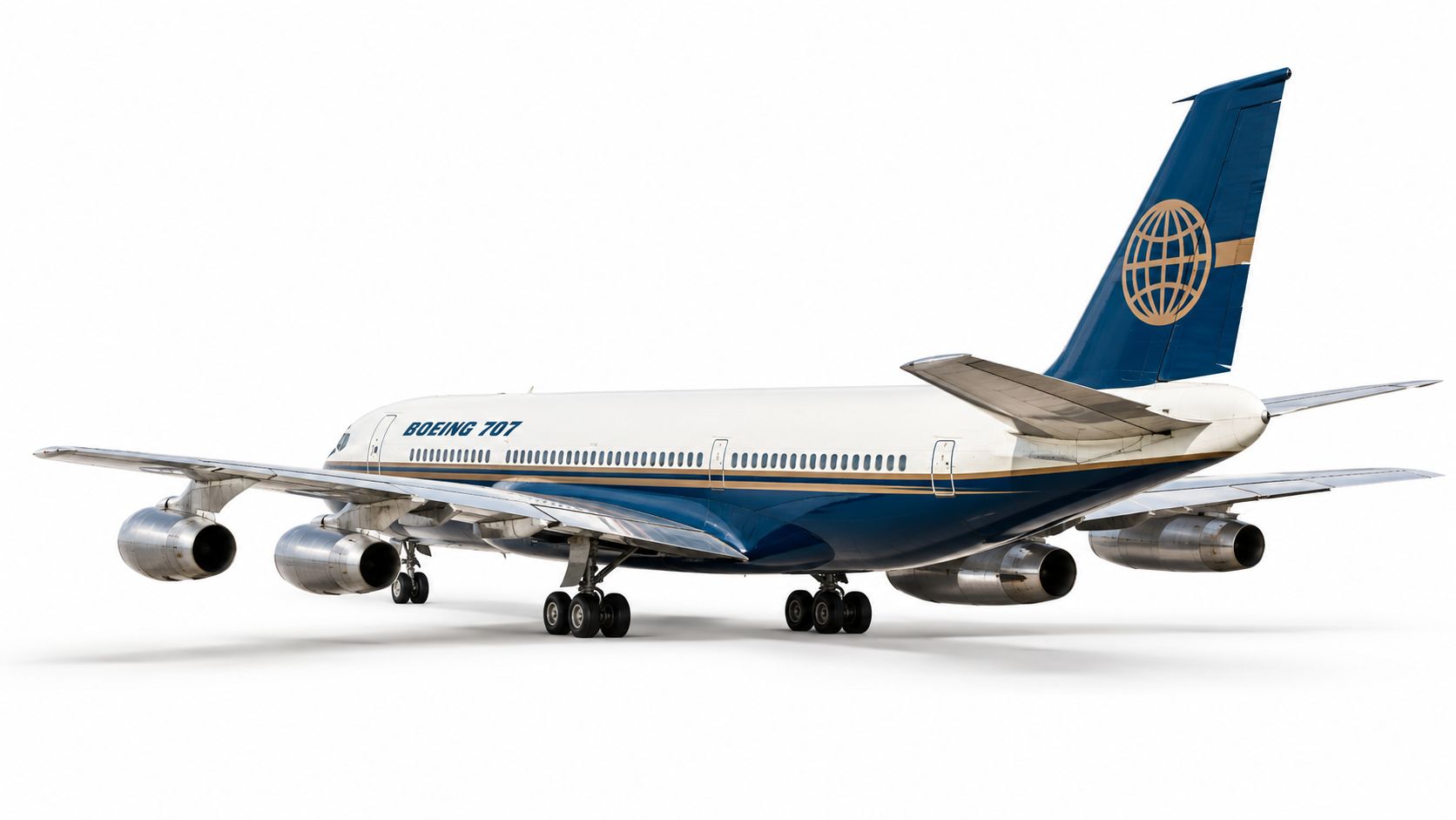 A classic four-engine Boeing 707 jet airliner shown from a rear three-quarter angle on white background.