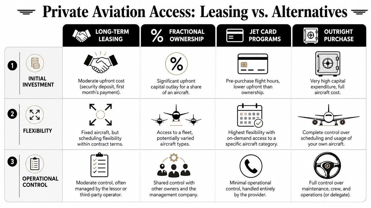 A comparison chart outlining private aviation access options including long-term leasing, fractional ownership, jet cards, and outright purchase.