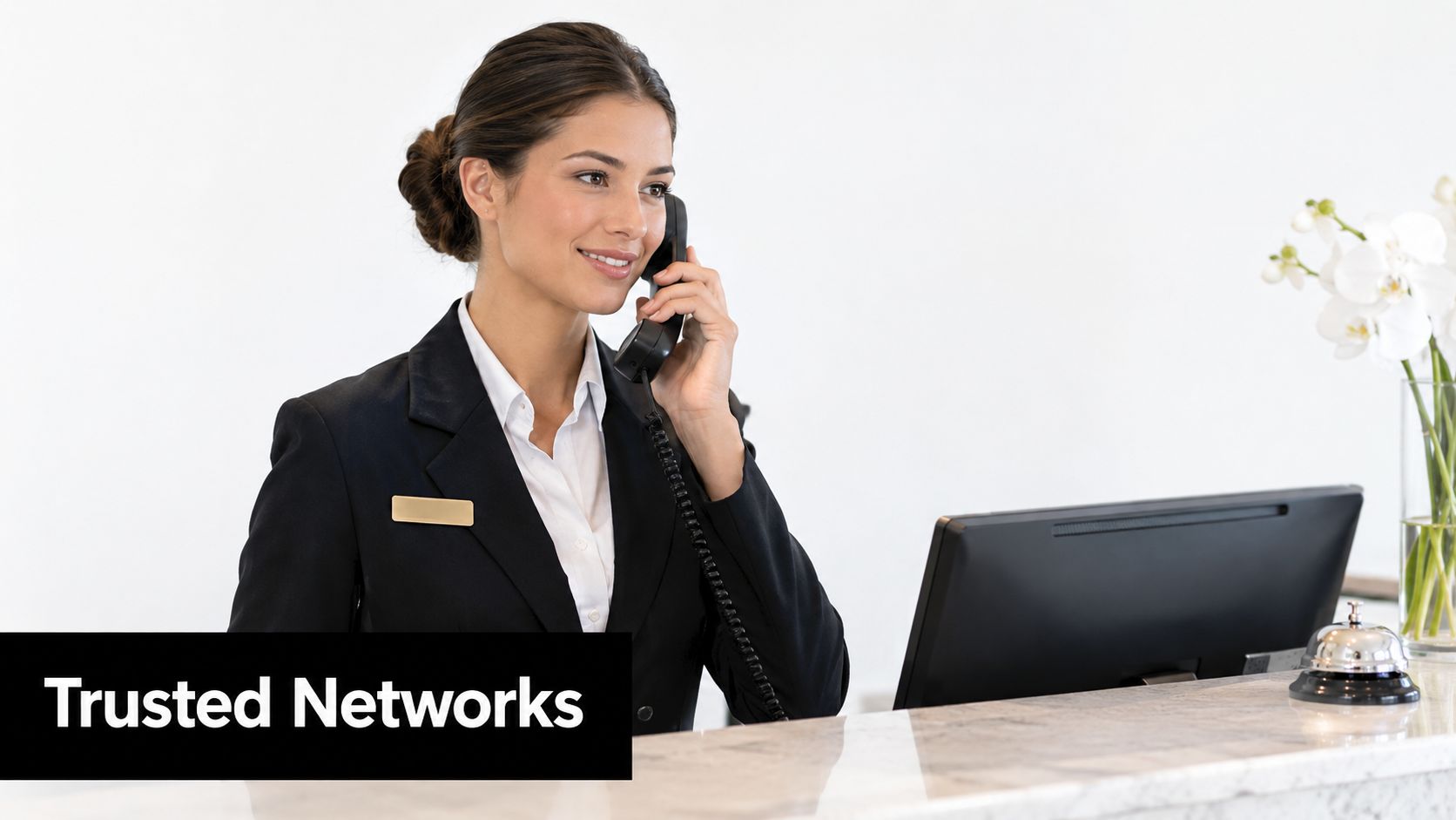 A professional female hotel receptionist smiling while talking on the phone at a front desk counter.