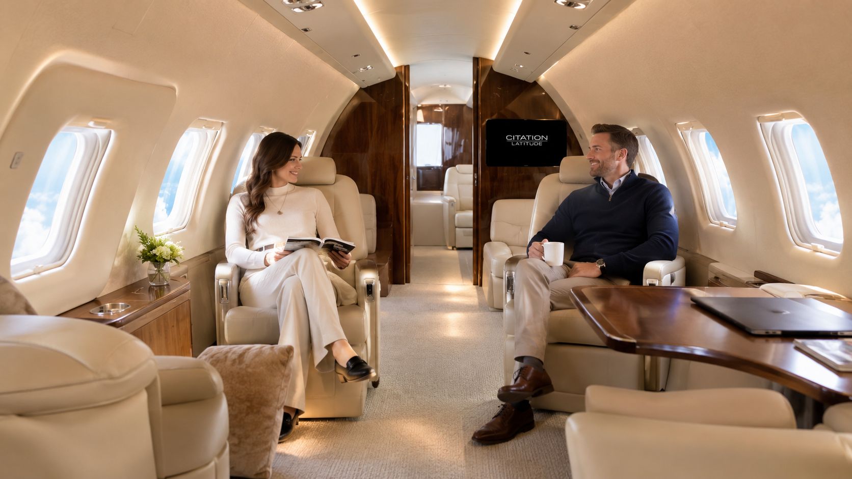 A man and a woman sitting in the luxurious interior of a Cessna Citation Latitude business jet.