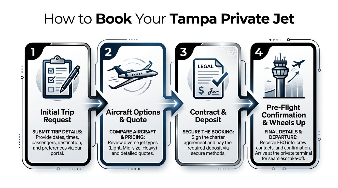 A four-step infographic illustrating the simple process to book a private jet charter in Tampa.