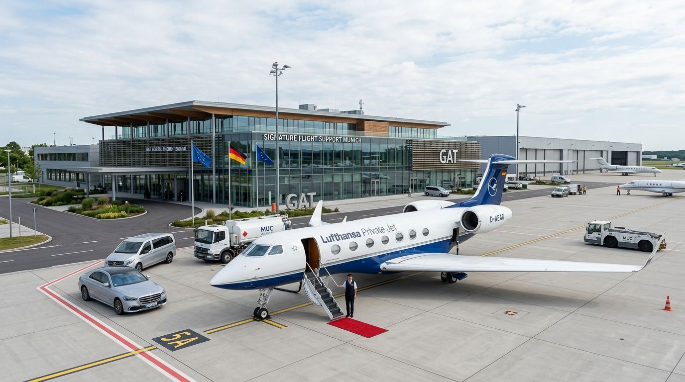 A Lufthansa Private Jet parked on the tarmac at the Signature Flight Support Munich GAT terminal.