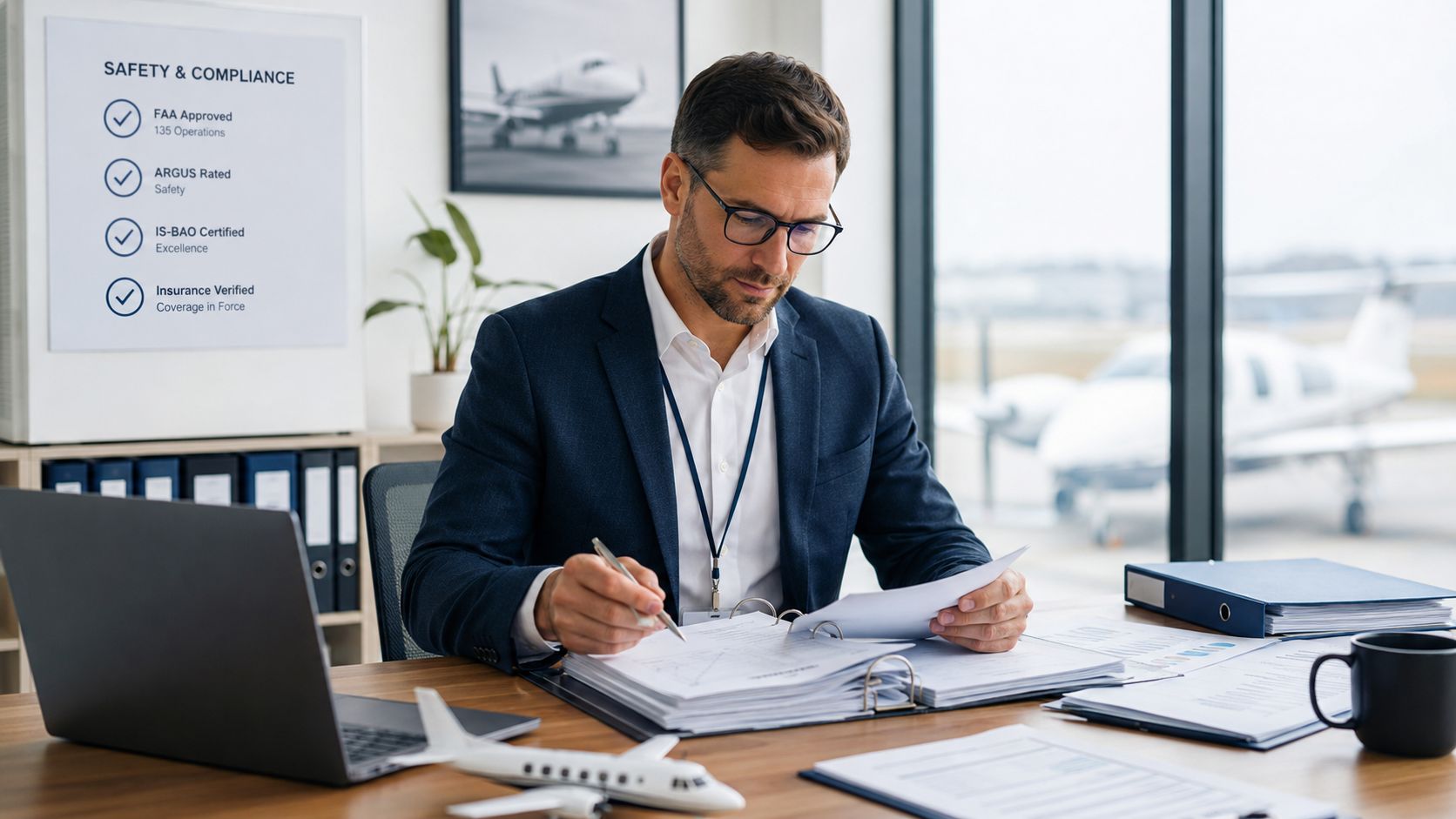 A professional man in a suit working at his desk with aviation documents and a model airplane.