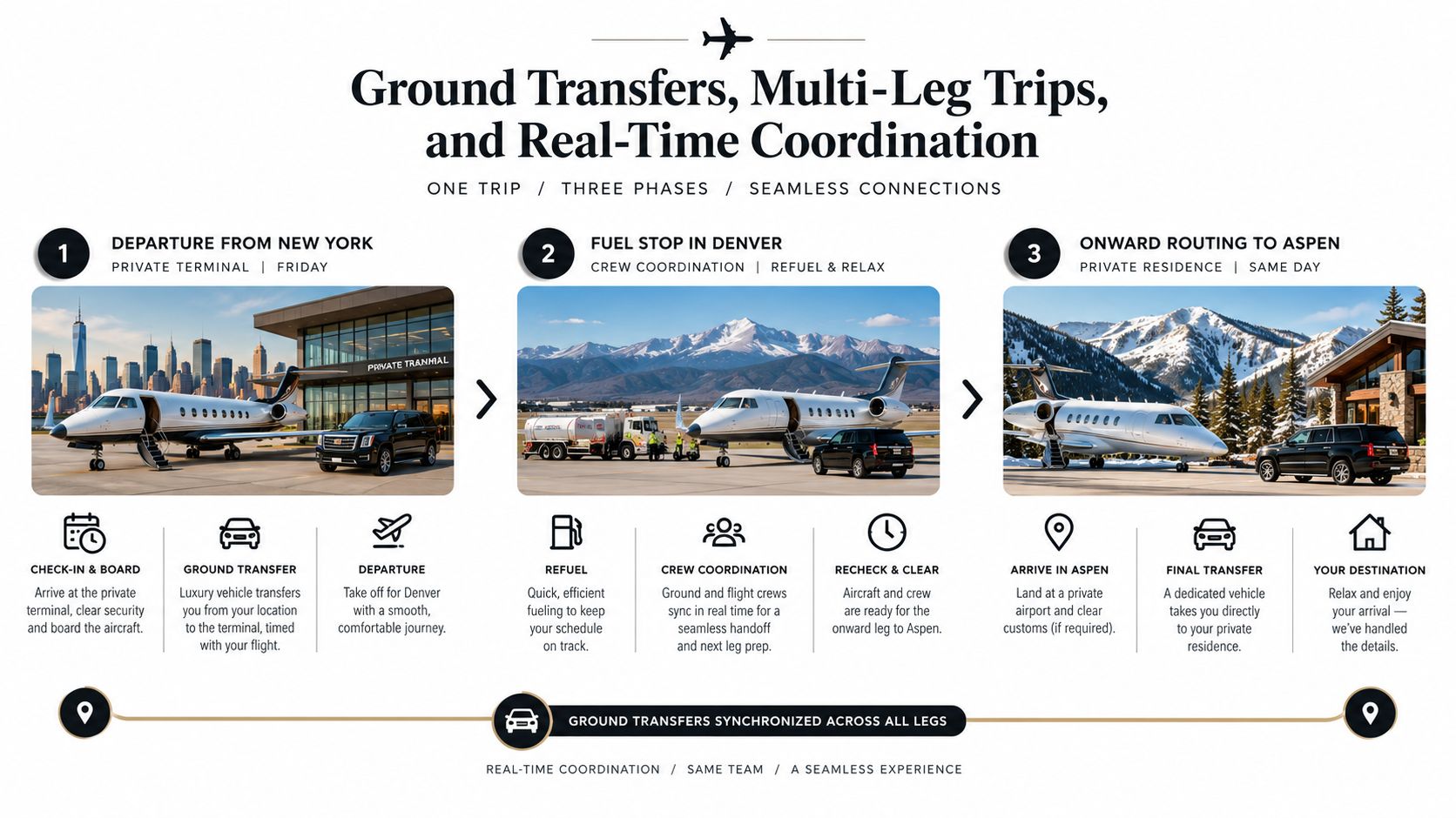 A visual infographic detailing a multi-leg private jet journey with ground transfers, fueling, and coordinated arrival services.