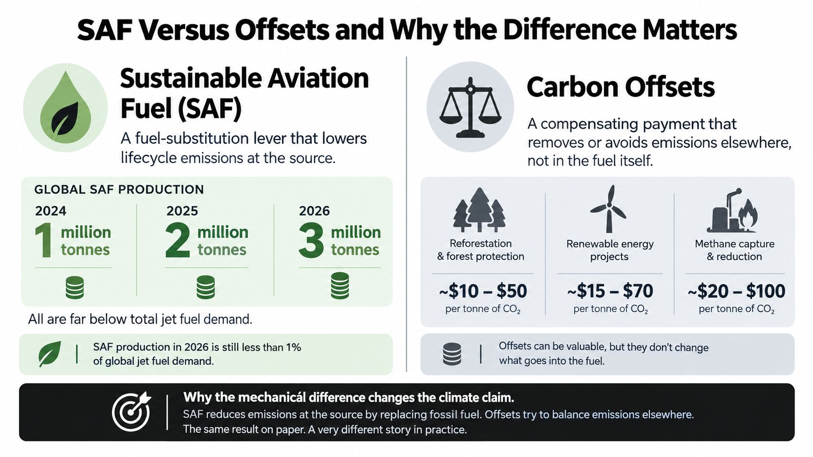 An infographic comparing Sustainable Aviation Fuel to carbon offsets, highlighting their distinct roles in reducing emissions.