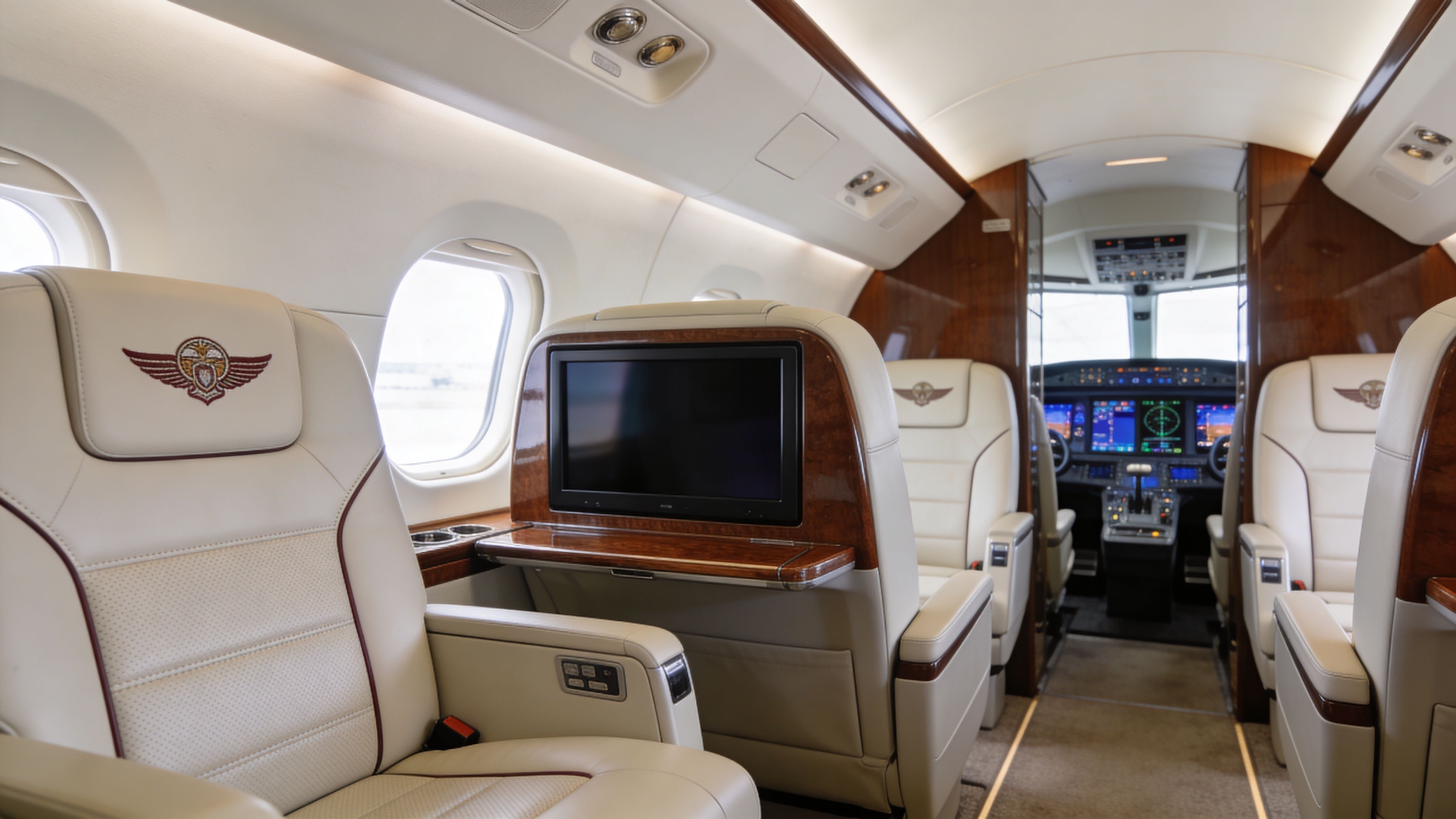 Luxurious leather seating and a private entertainment screen inside the cabin of a high-end business jet.