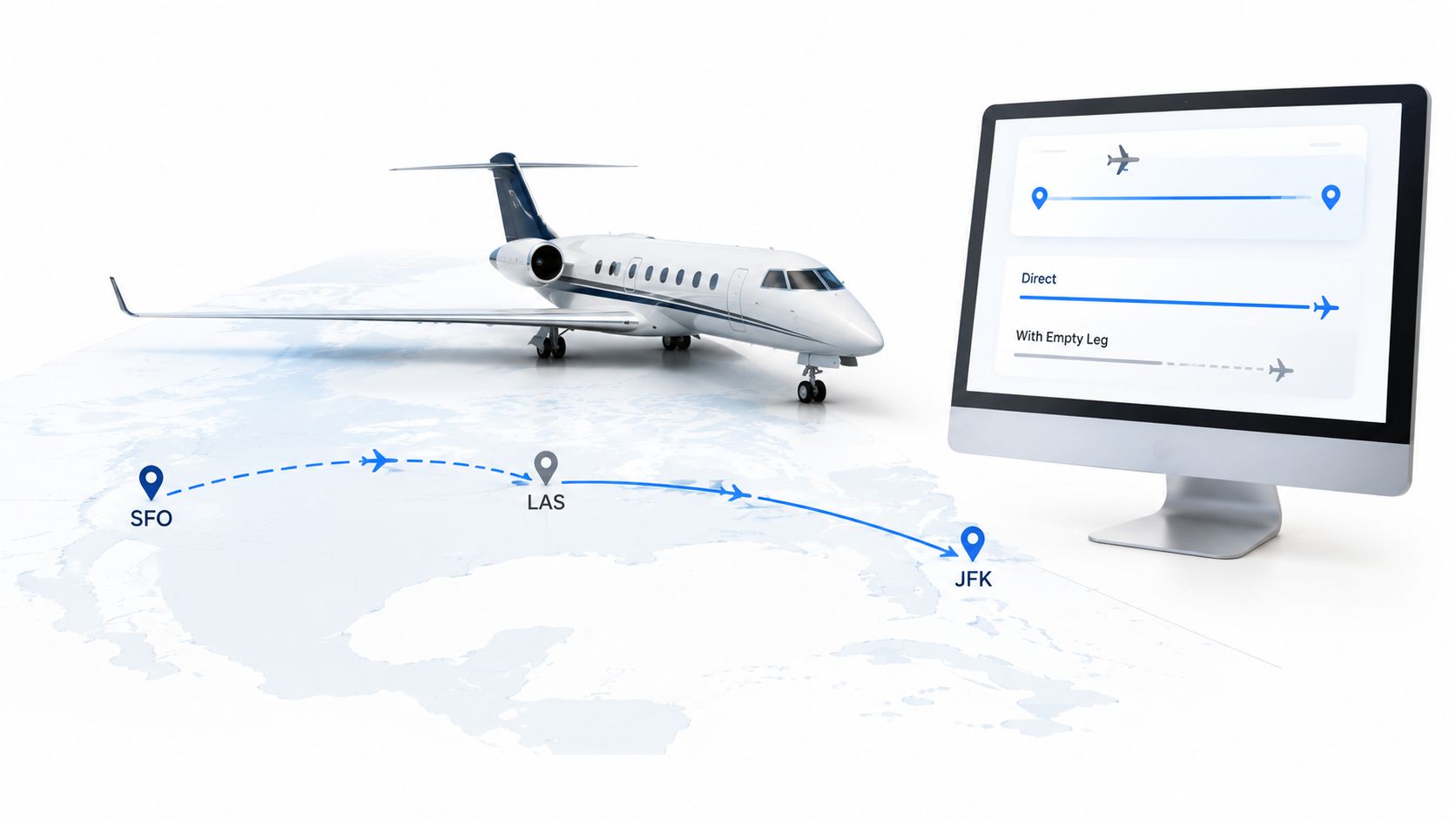A digital graphic displaying a private jet, flight path map from SFO to JFK, and booking interface.