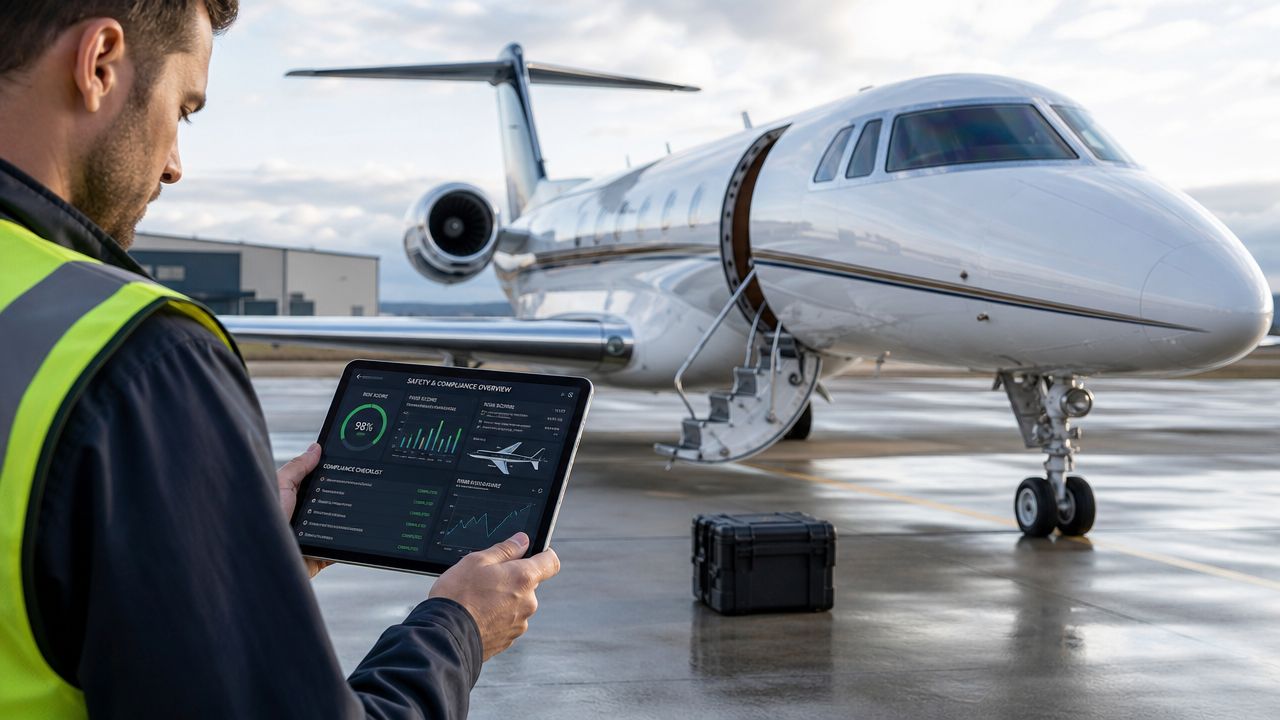 A ground crew member inspects a private jet using a digital tablet displaying safety and compliance data.