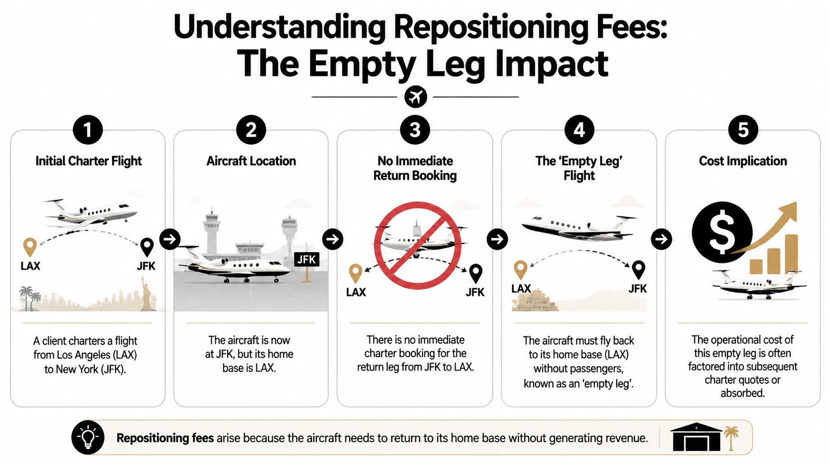 A diagram explaining private jet repositioning fees caused by empty leg flights from LAX to JFK.