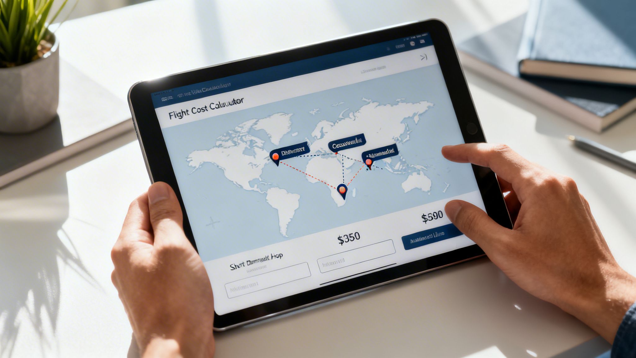 Hands interacting with a tablet displaying a flight cost calculator application on a world map.
