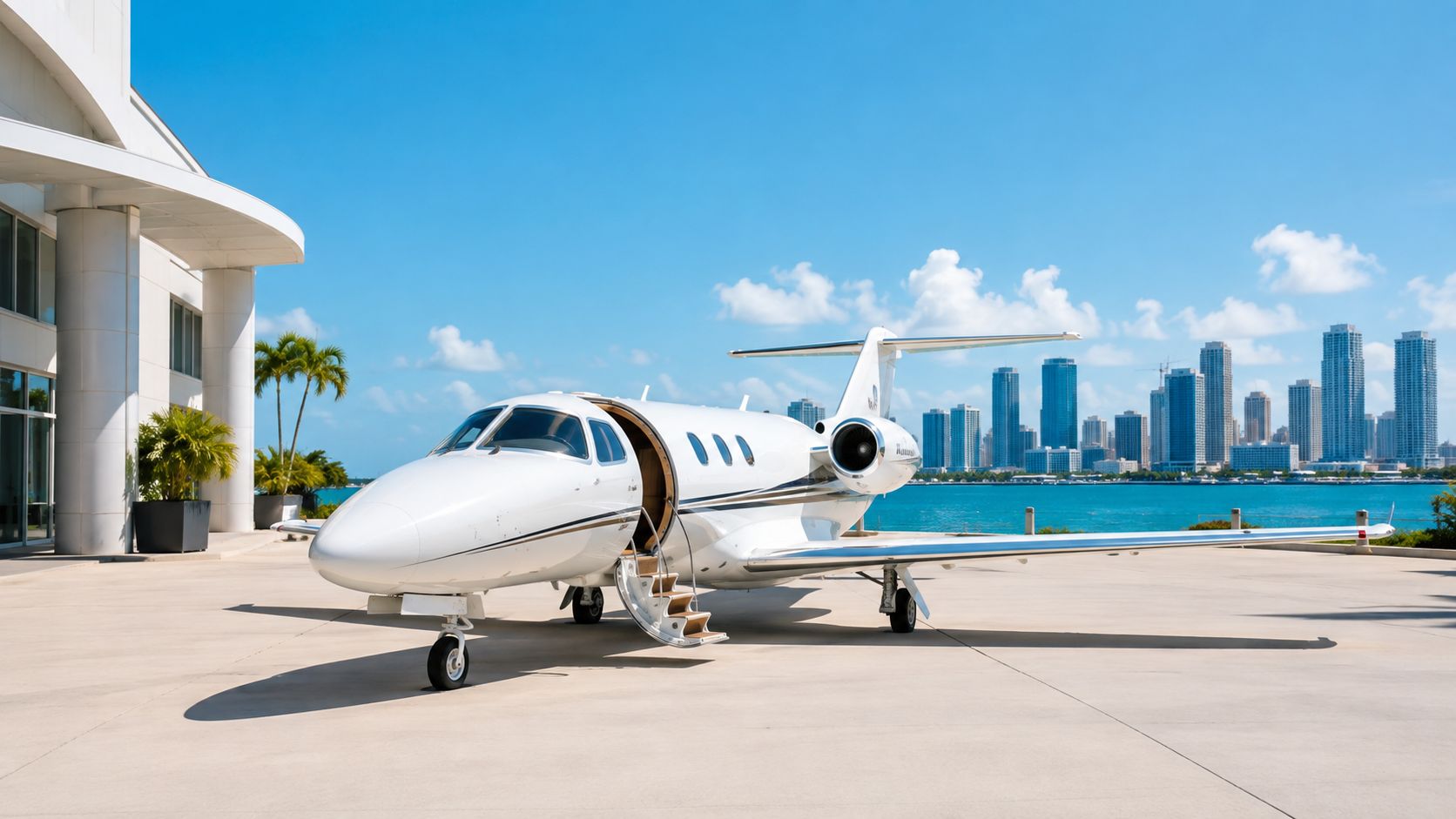 A luxurious white private jet parked on a sunny tarmac with a modern city skyline and ocean background.