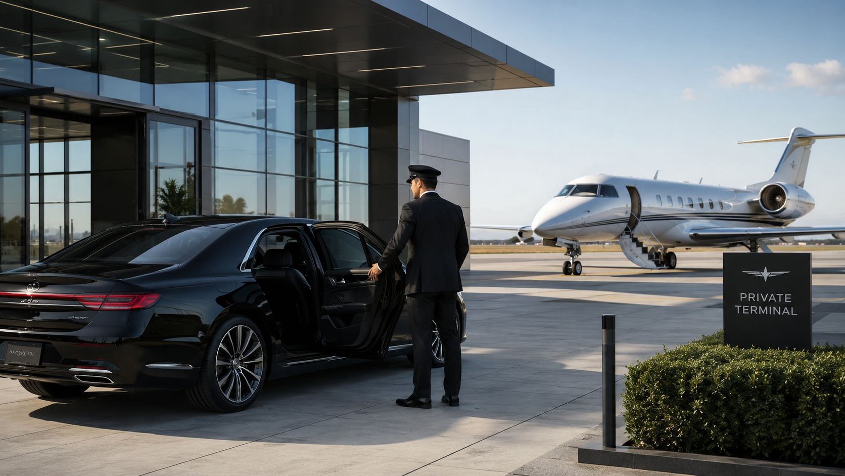 A chauffeur in uniform stands by a black luxury sedan at a private airport terminal with a jet.