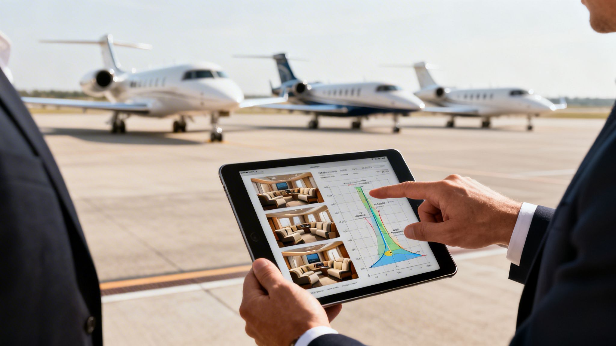A person uses a tablet showing private jet interiors and data with three jets on an airport tarmac.