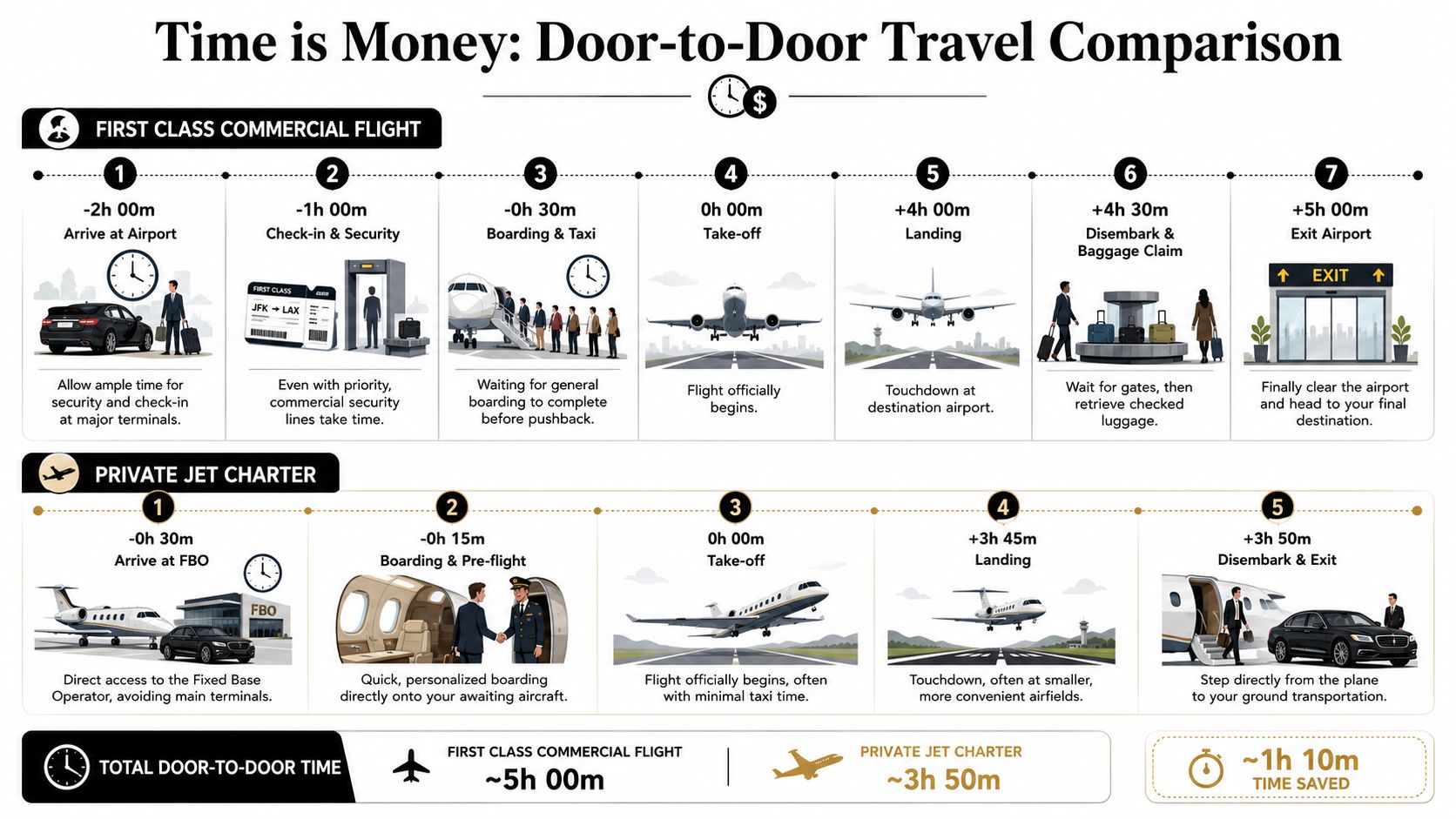 A comparison infographic showing the total travel time difference between flying first class commercially versus private jet charter.