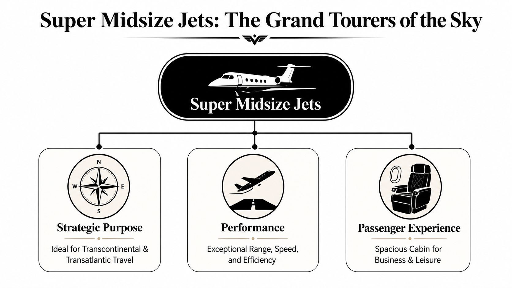 A diagram outlining the strategic purpose, performance benefits, and passenger experience of super midsize private jets.