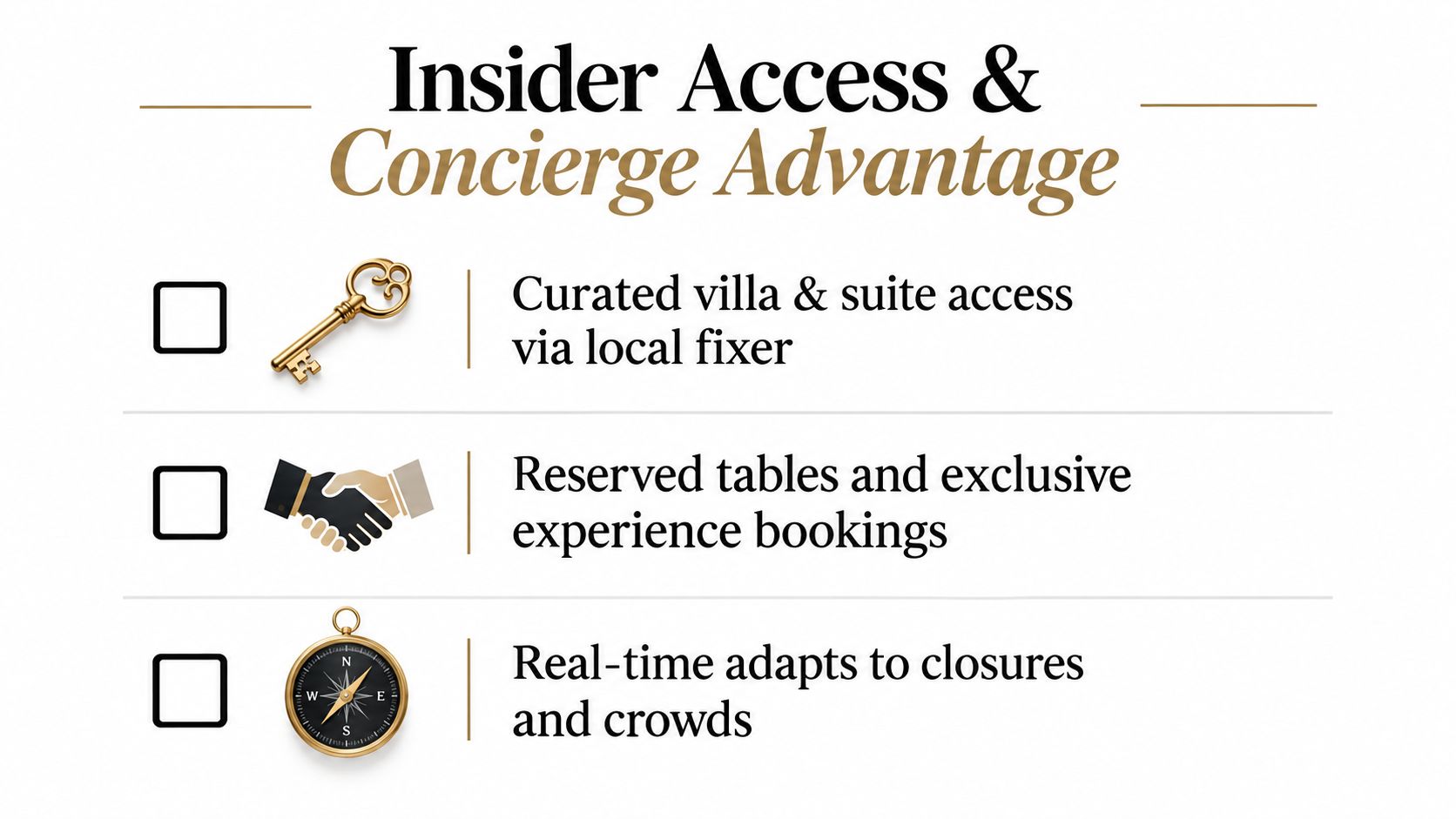 A list detailing exclusive concierge services like curated villa access, reserved experience bookings, and real-time travel adjustments.