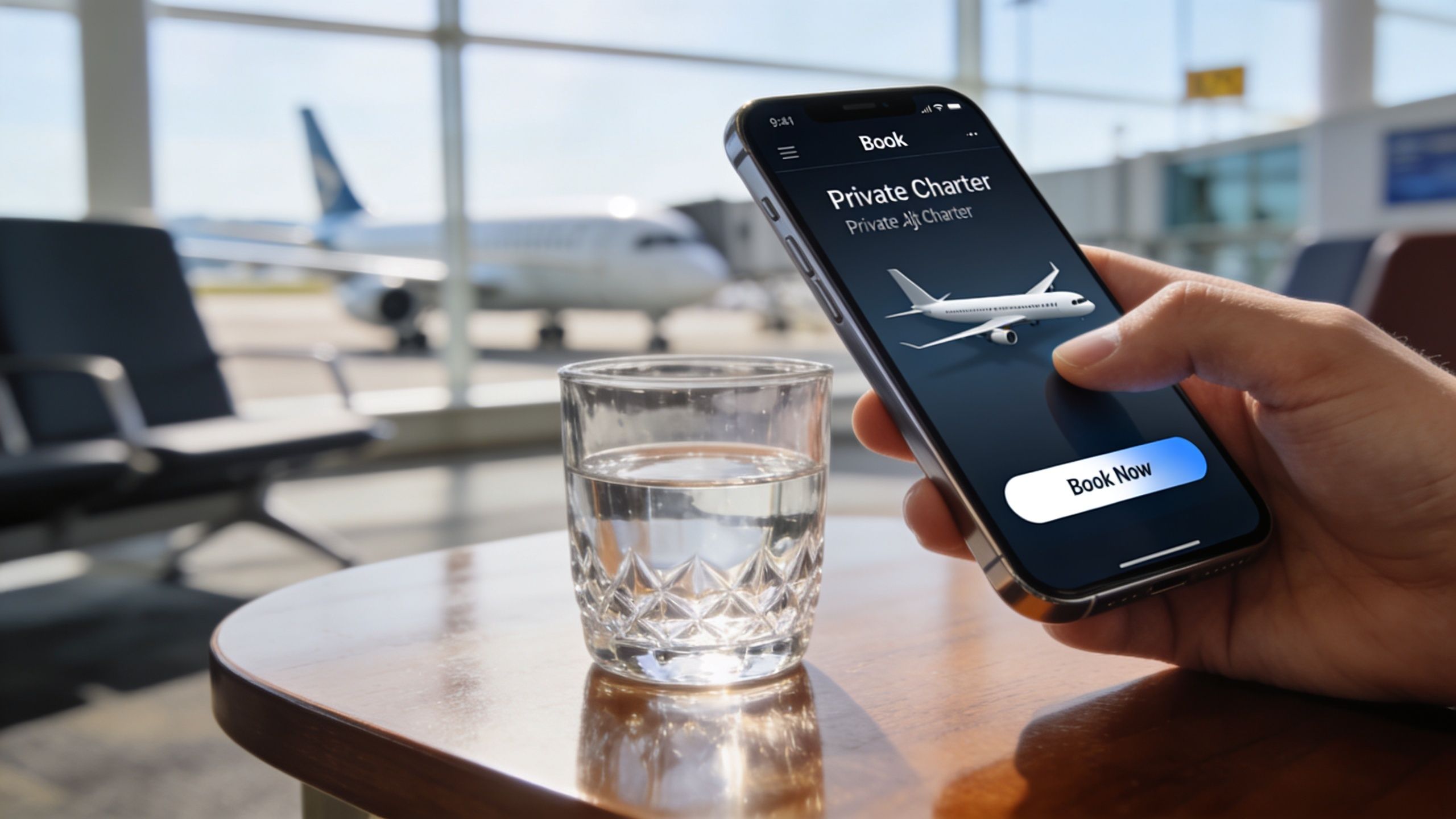 A person holding a smartphone showing a private charter booking screen in an airport terminal.
