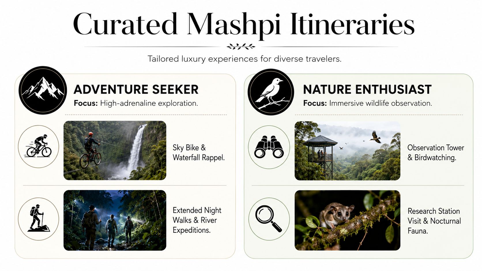 A travel itinerary guide showing adventure seeker and nature enthusiast activities at Mashpi Lodge in Ecuador.