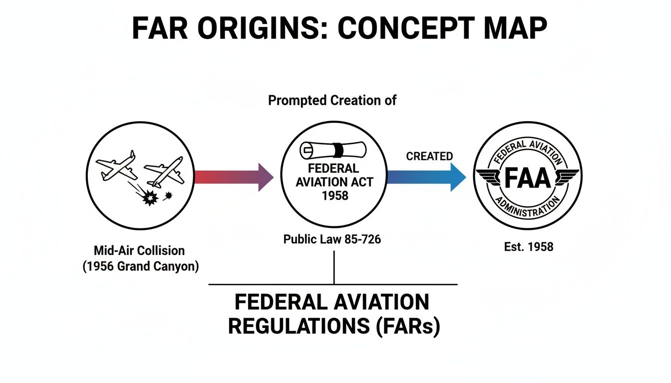 Concept map illustrating the origins of Federal Aviation Regulations (FARs) and the FAA from a 1956 mid-air collision.