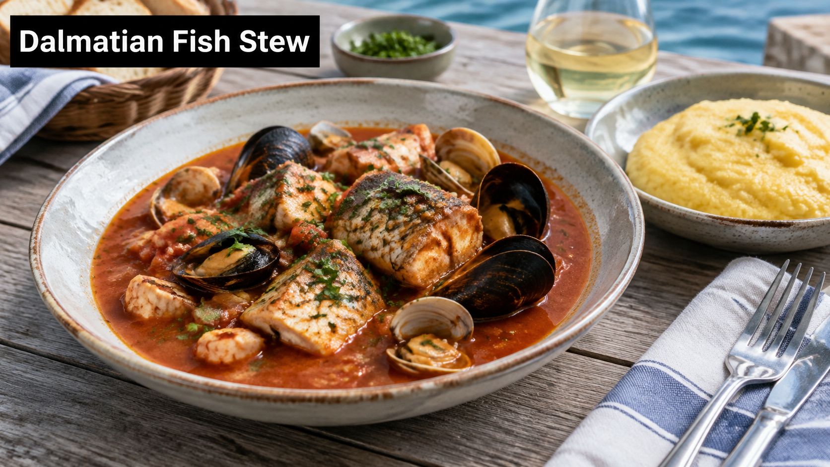 A rustic bowl of Dalmatian fish stew served with fresh seafood and a side of creamy polenta.