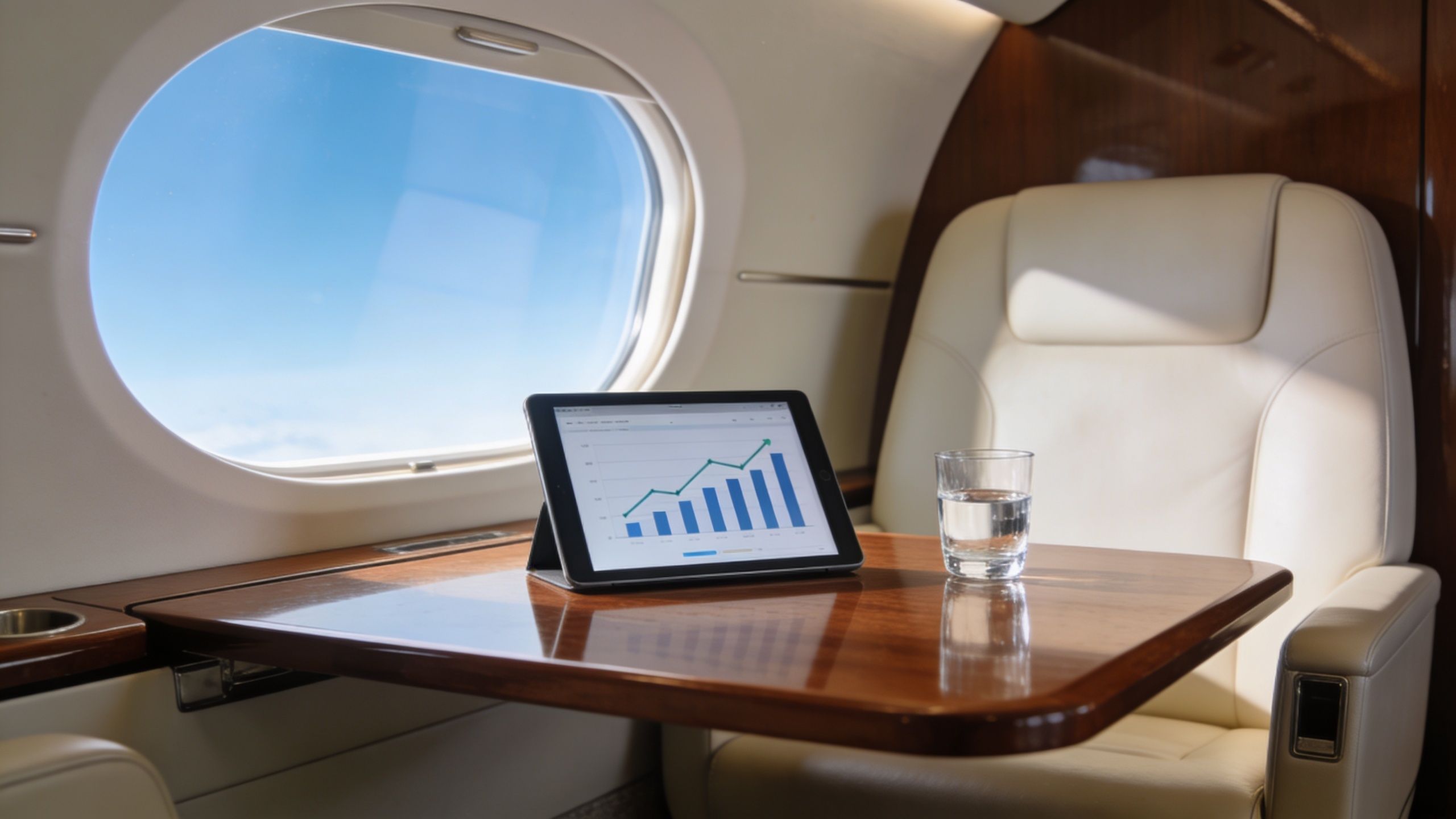 A digital tablet showing a business growth chart sits on a wooden table inside a private jet.