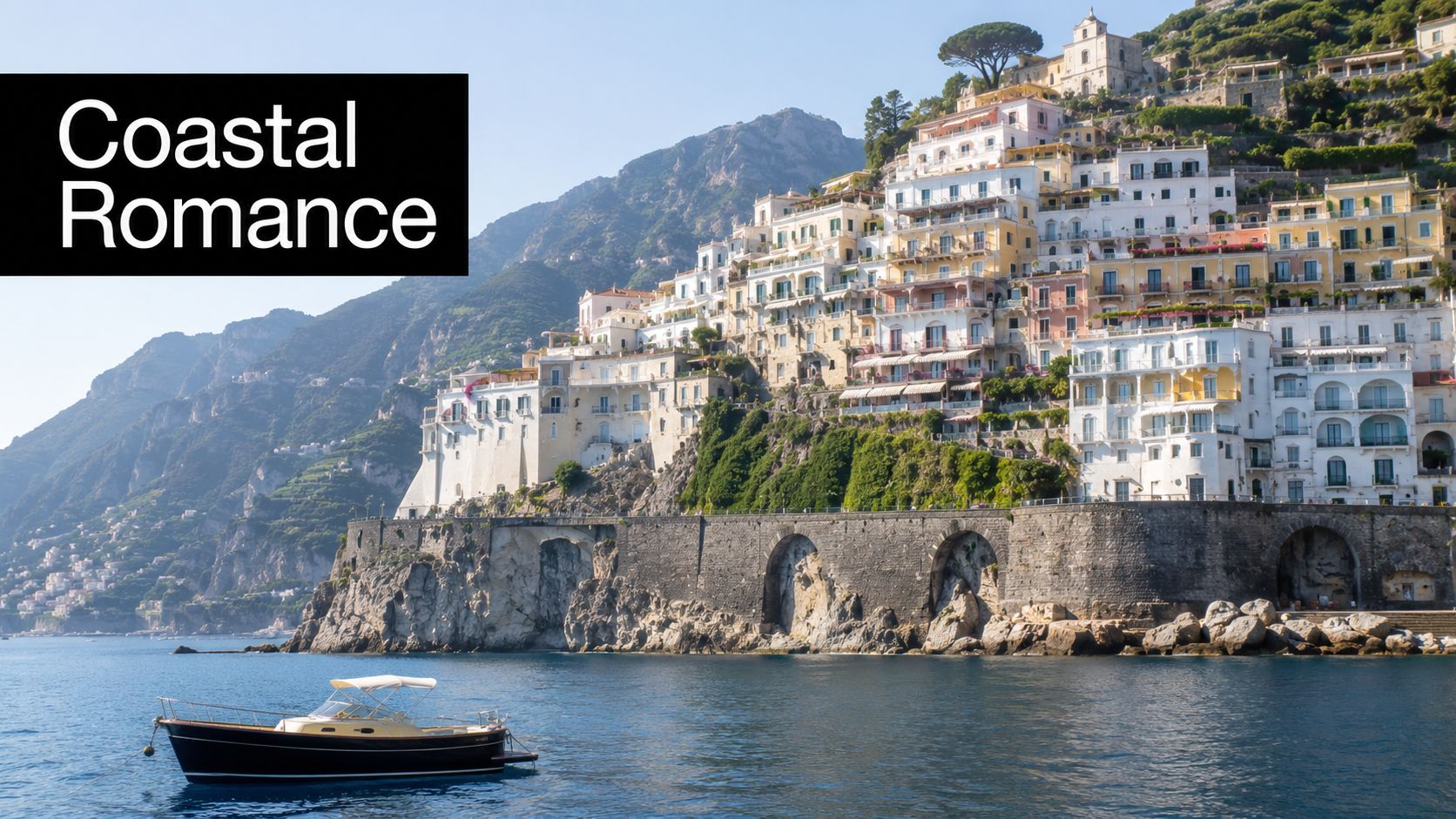 A scenic view of a coastal town with colorful houses perched on cliffs overlooking the ocean