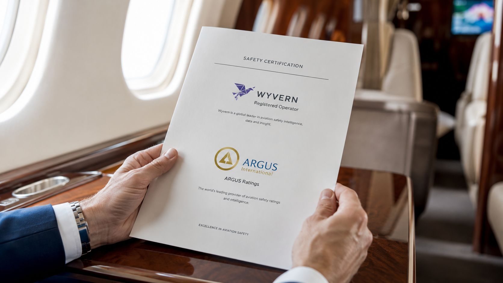 A person holding a safety certification document for private aviation in the cabin of a luxury jet.