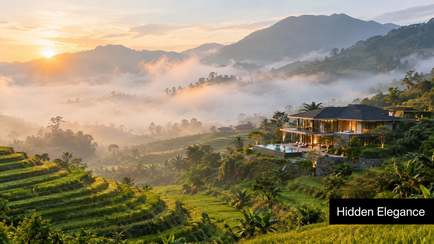 A stunning luxury villa nestled among misty, sunlit rice terraces during a beautiful golden hour sunrise.