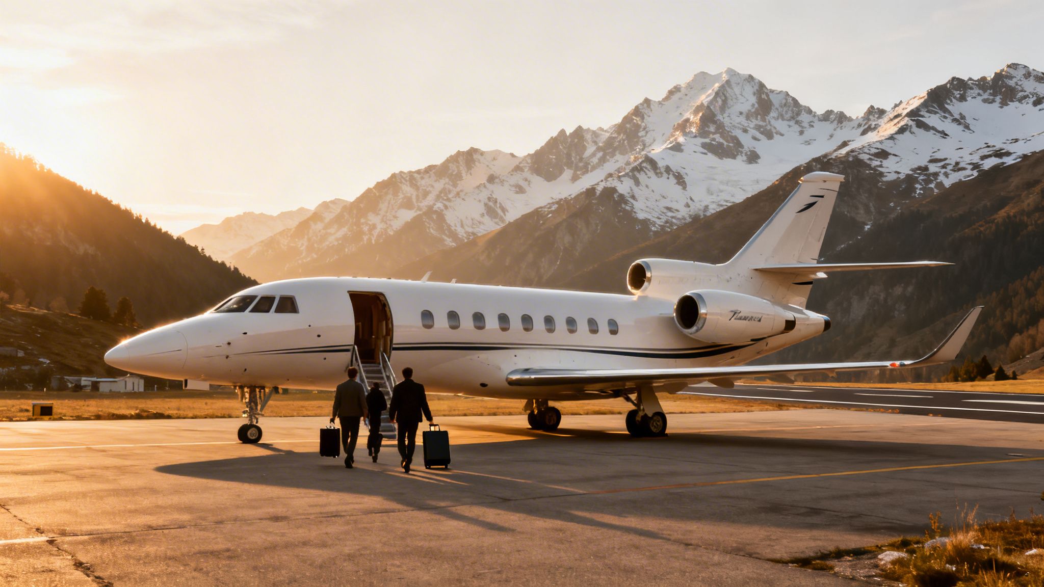 Three travelers board a private jet on a tarmac at sunset, with majestic snow-capped mountains in the background.