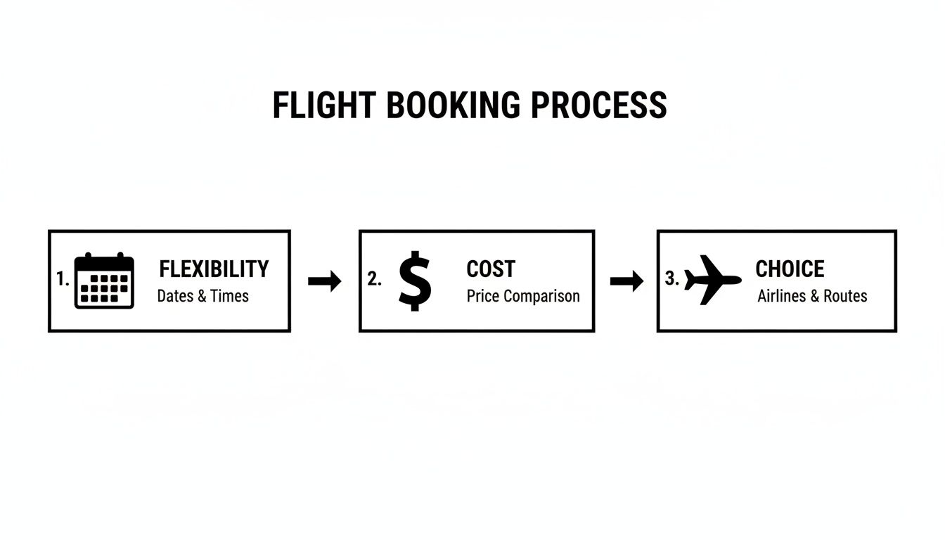 A diagram outlining the flight booking process, showing steps for flexibility, cost comparison, and airline choice.