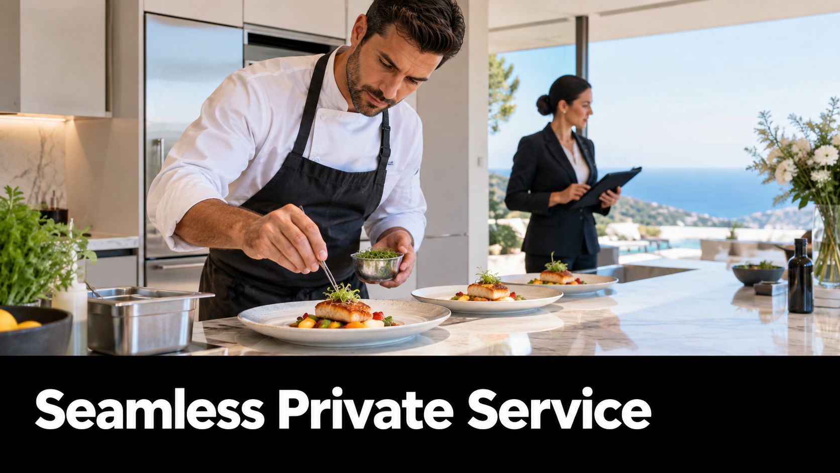 A professional chef plating gourmet fish dishes while a concierge reviews details in a luxury villa kitchen.