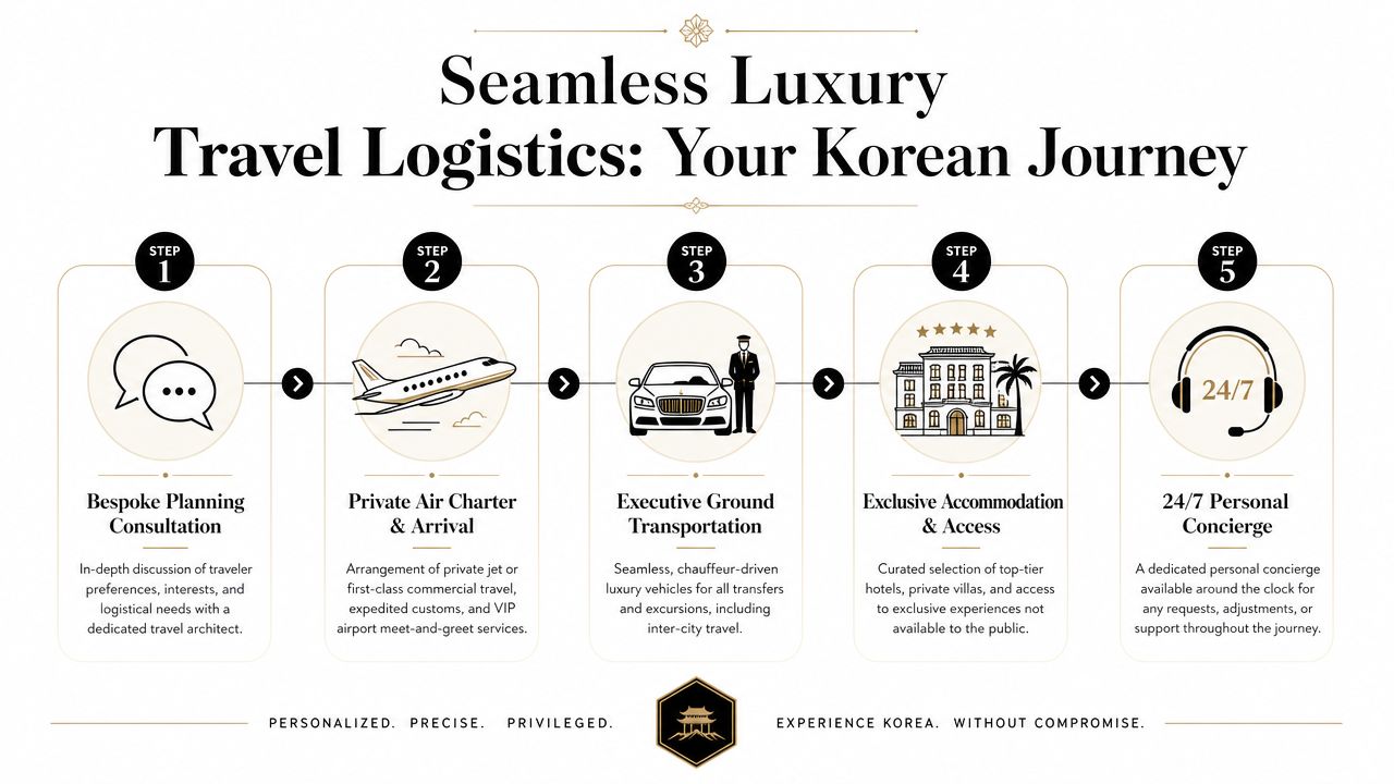 A five-step infographic showing luxury travel planning services including private jets, executive transportation, and 24/7 personal concierge support.