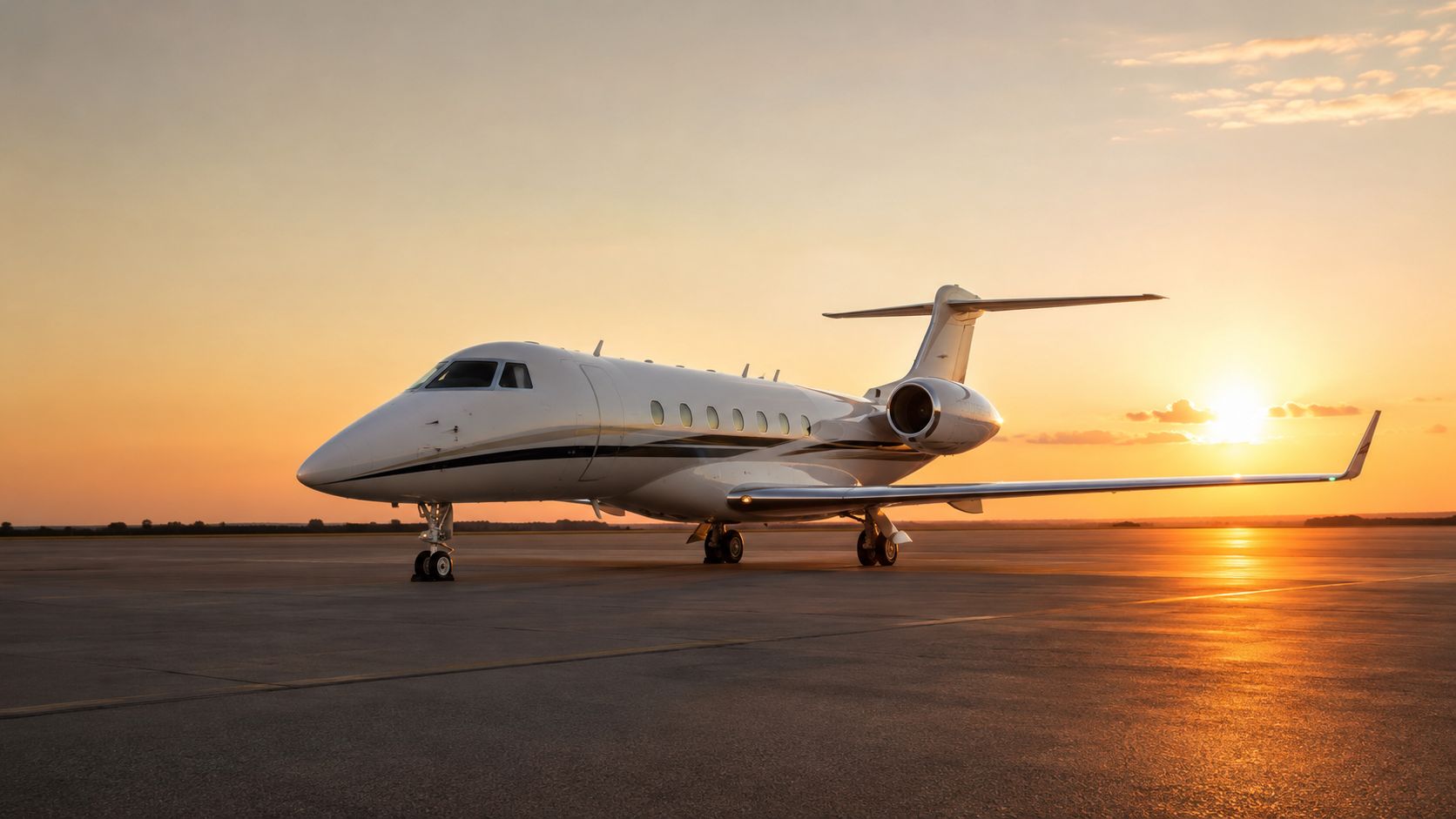 A luxurious private business jet parked on an airport tarmac during a beautiful golden sunset.