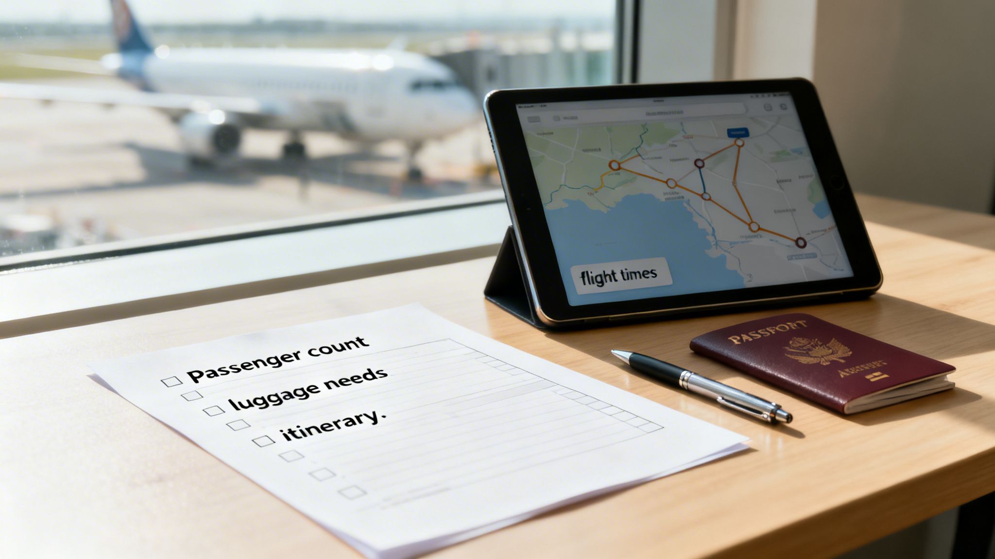 A tablet, checklist, passport, and pen on a table, with an airplane outside, indicating travel planning.