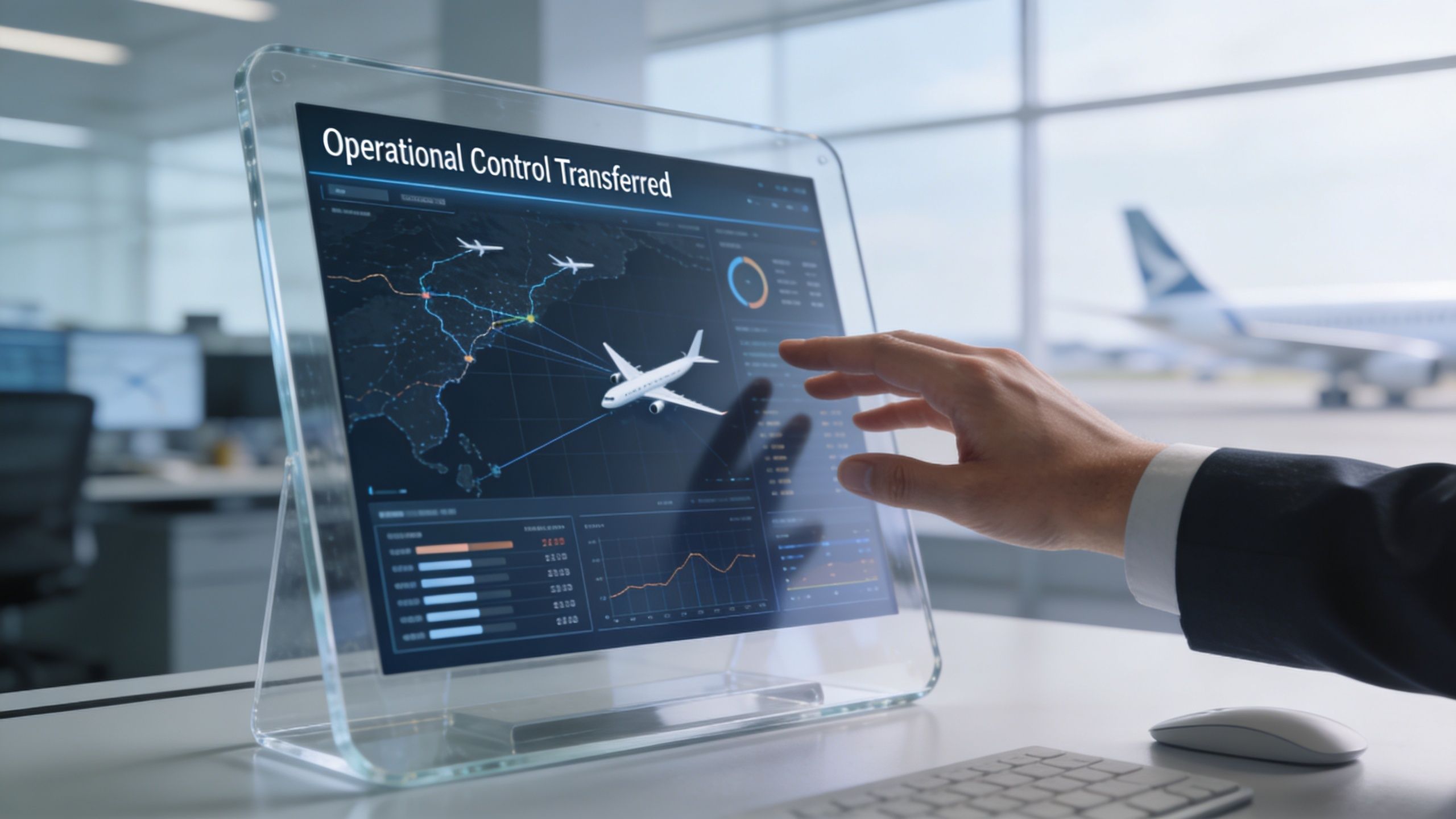A professional using a transparent digital touch screen display for monitoring and managing aircraft flight operations.