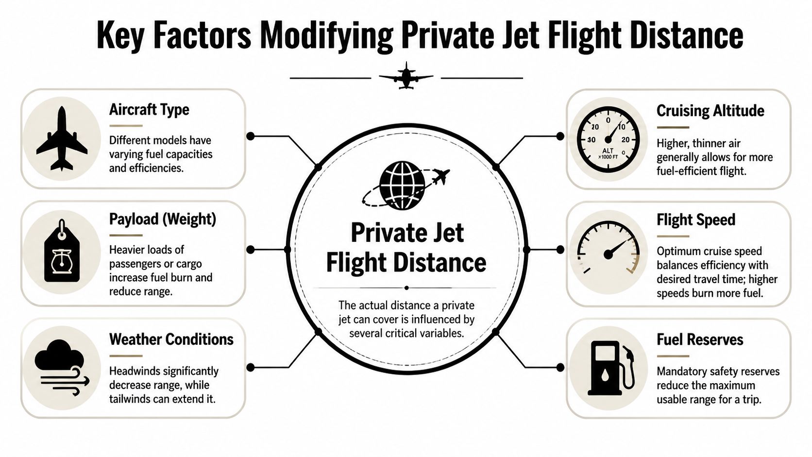 An infographic showing the six key factors influencing private jet flight distance, including weather and fuel.