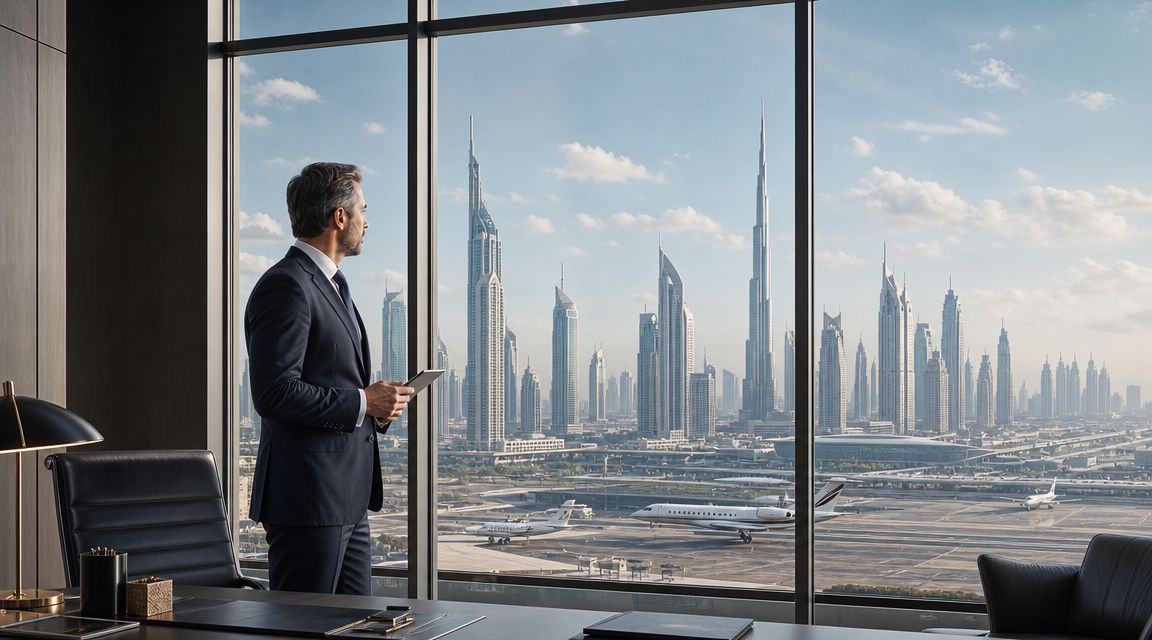 A sophisticated businessman stands in a luxury office looking out at the Dubai skyline and airport runway.