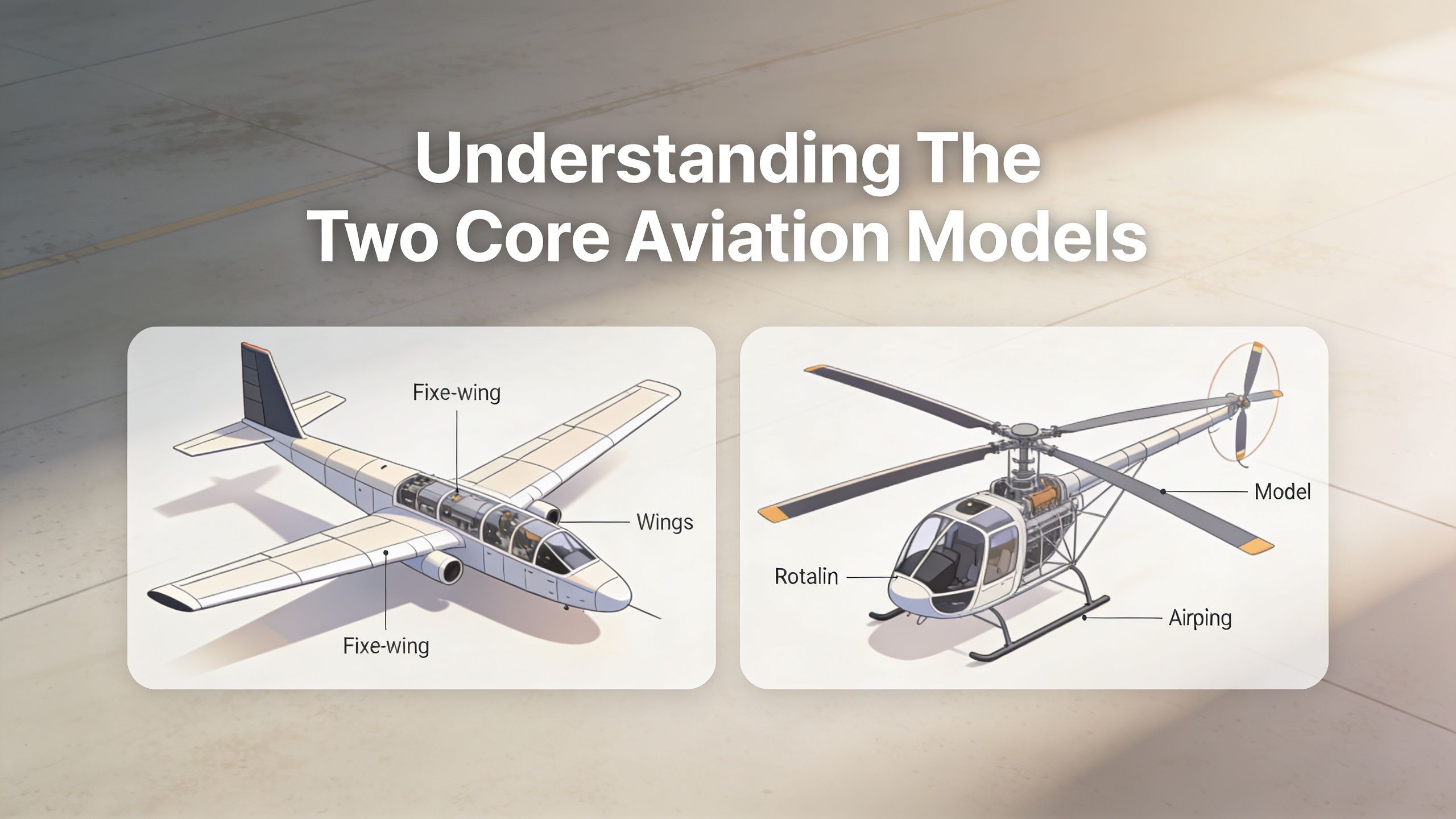 An infographic illustrating the differences between fixed-wing airplanes and rotary-wing helicopter aviation models for travel comparisons.