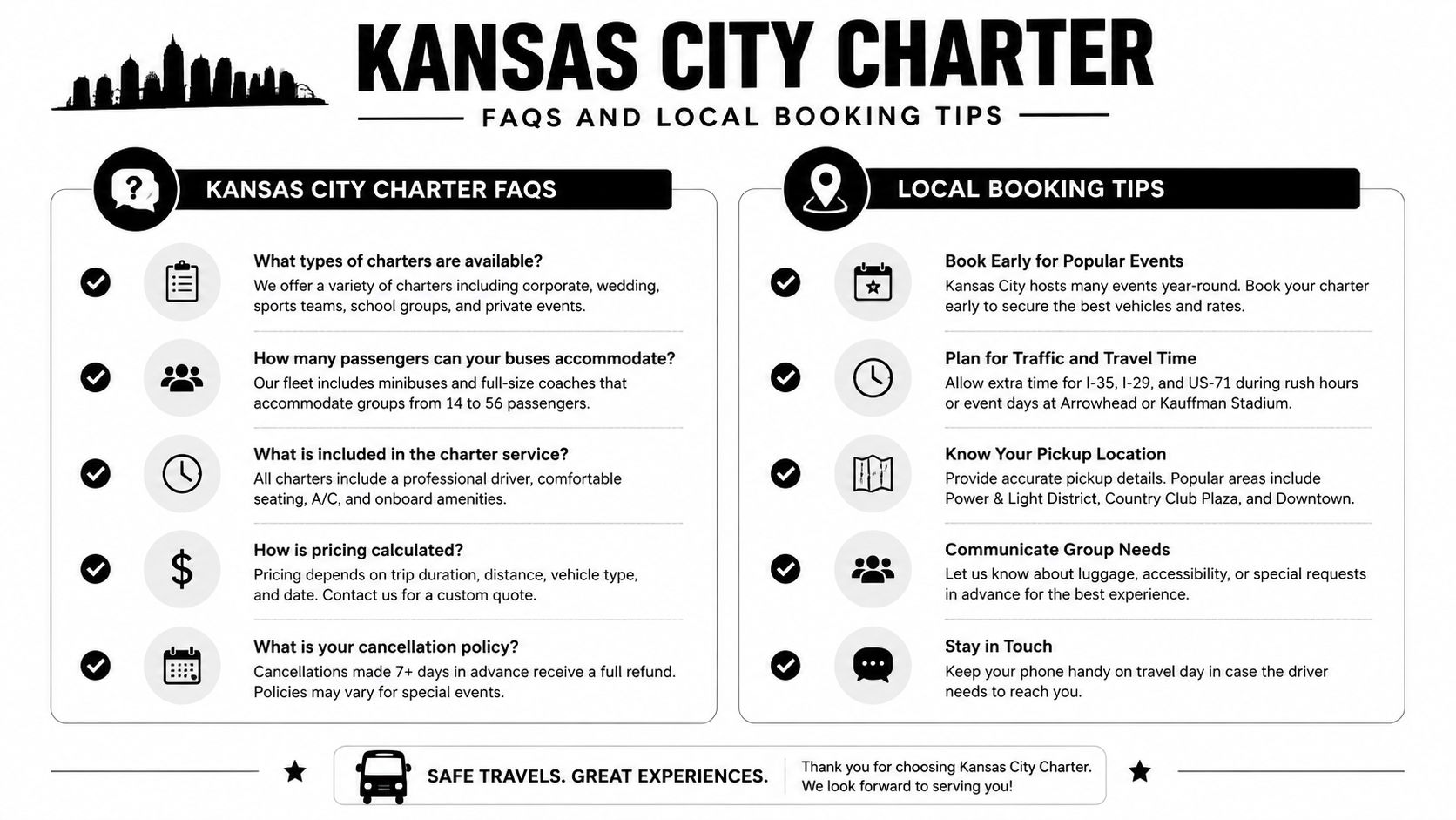 Informational flyer for Kansas City Charter detailing frequently asked questions and helpful booking tips for bus rentals.