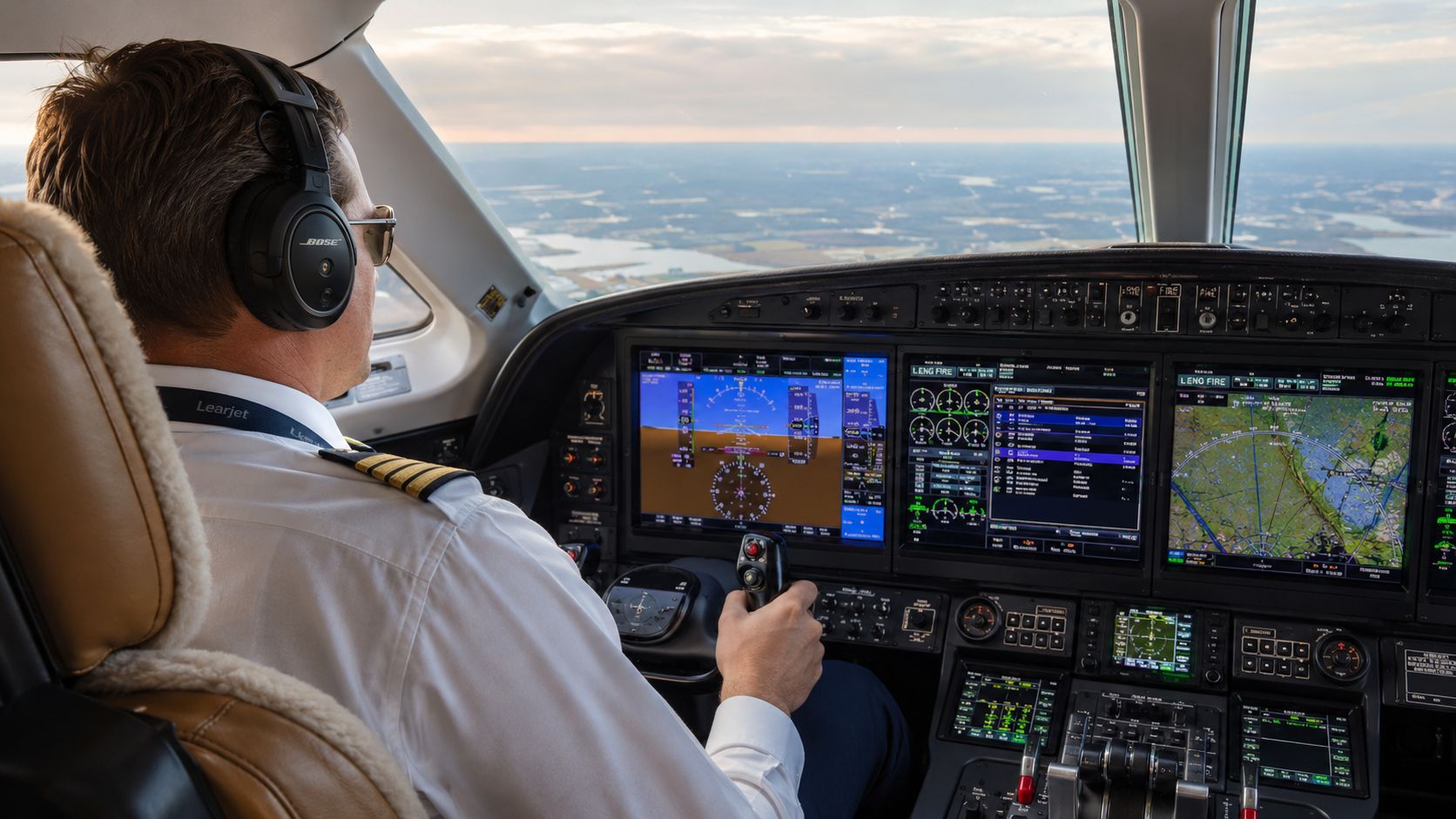 A pilot wearing a headset in a cockpit looking out at the horizon while flying a jet.