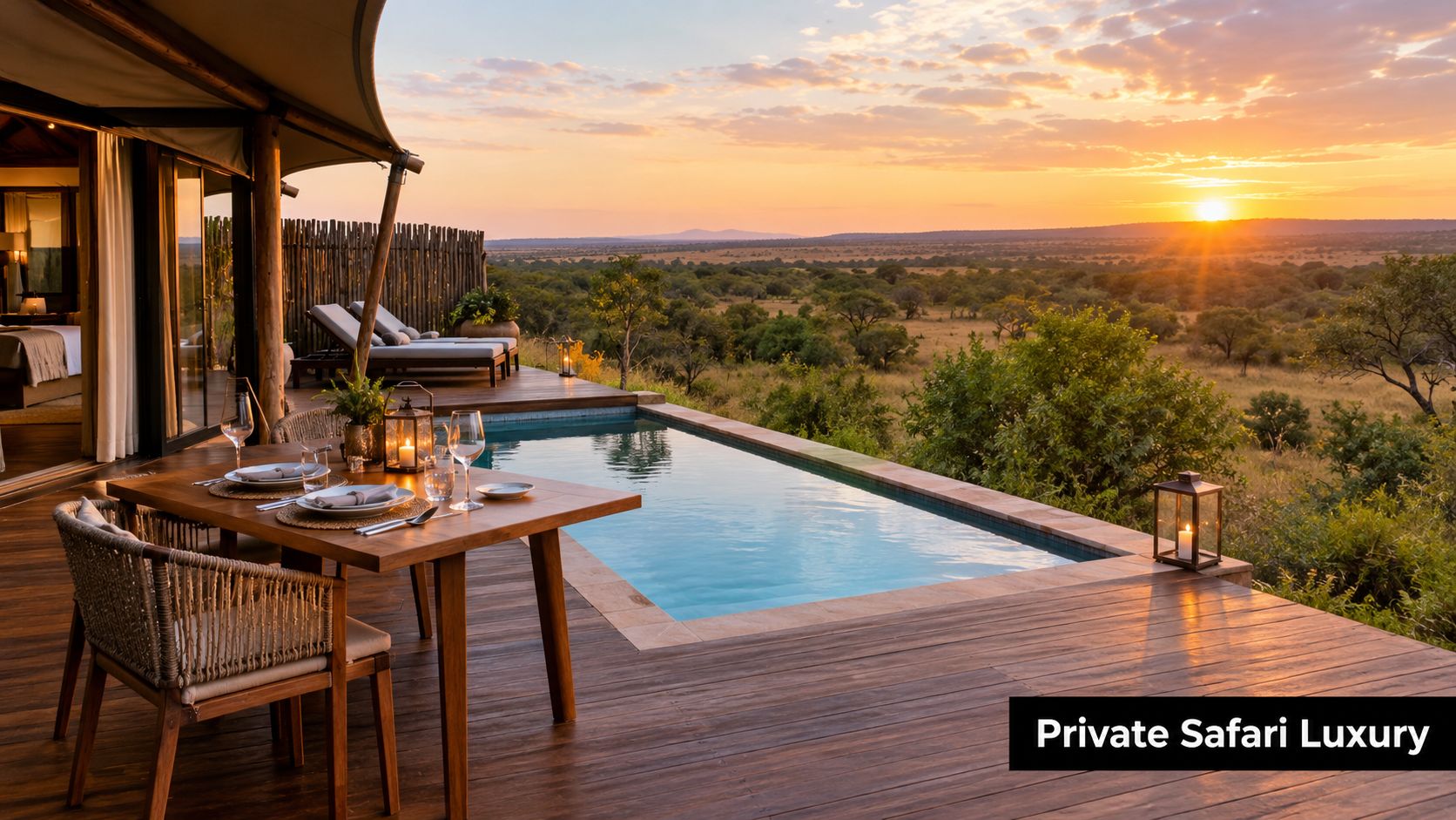 A luxurious safari tent terrace featuring a private swimming pool overlooking a stunning African savanna sunset.