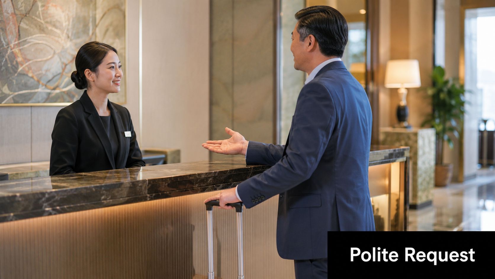 A professional hotel guest in a suit requesting room upgrades at the reception desk from a staff member.
