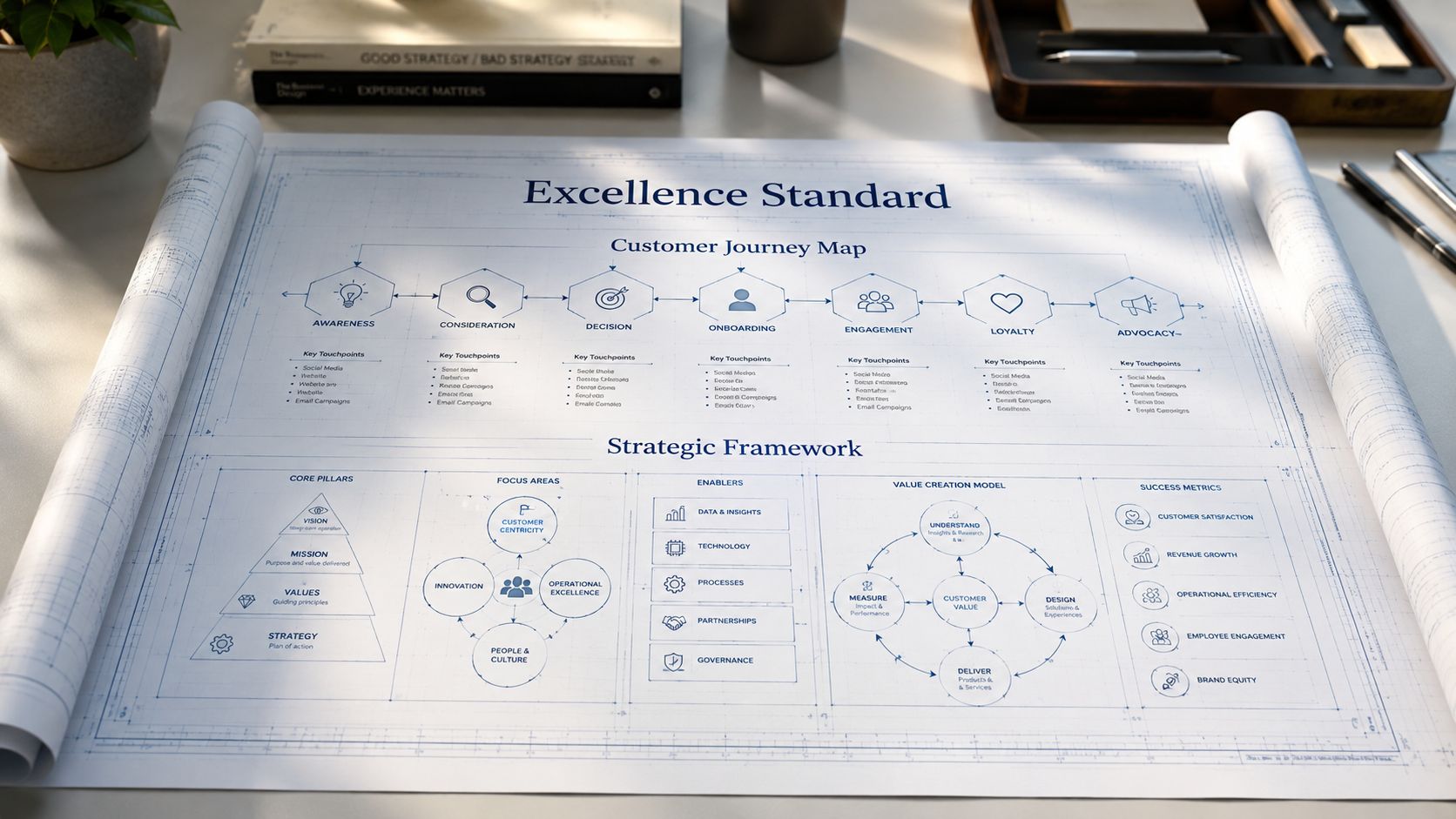 A printed blueprint layout titled Excellence Standard showing a customer journey map and a detailed strategic business framework.