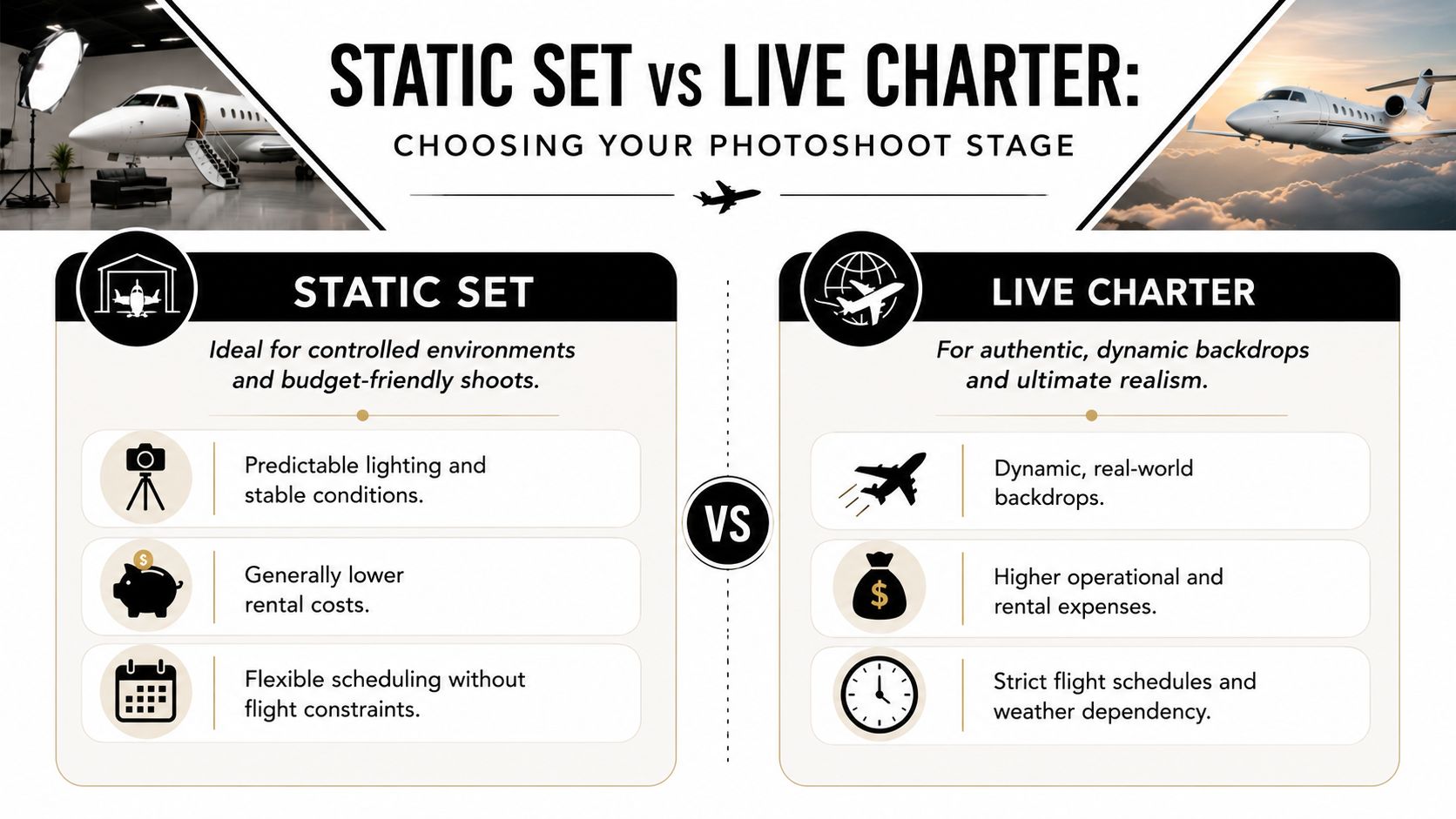 A comparison chart highlighting the differences between using a static set or a live charter for private jet photoshoots.