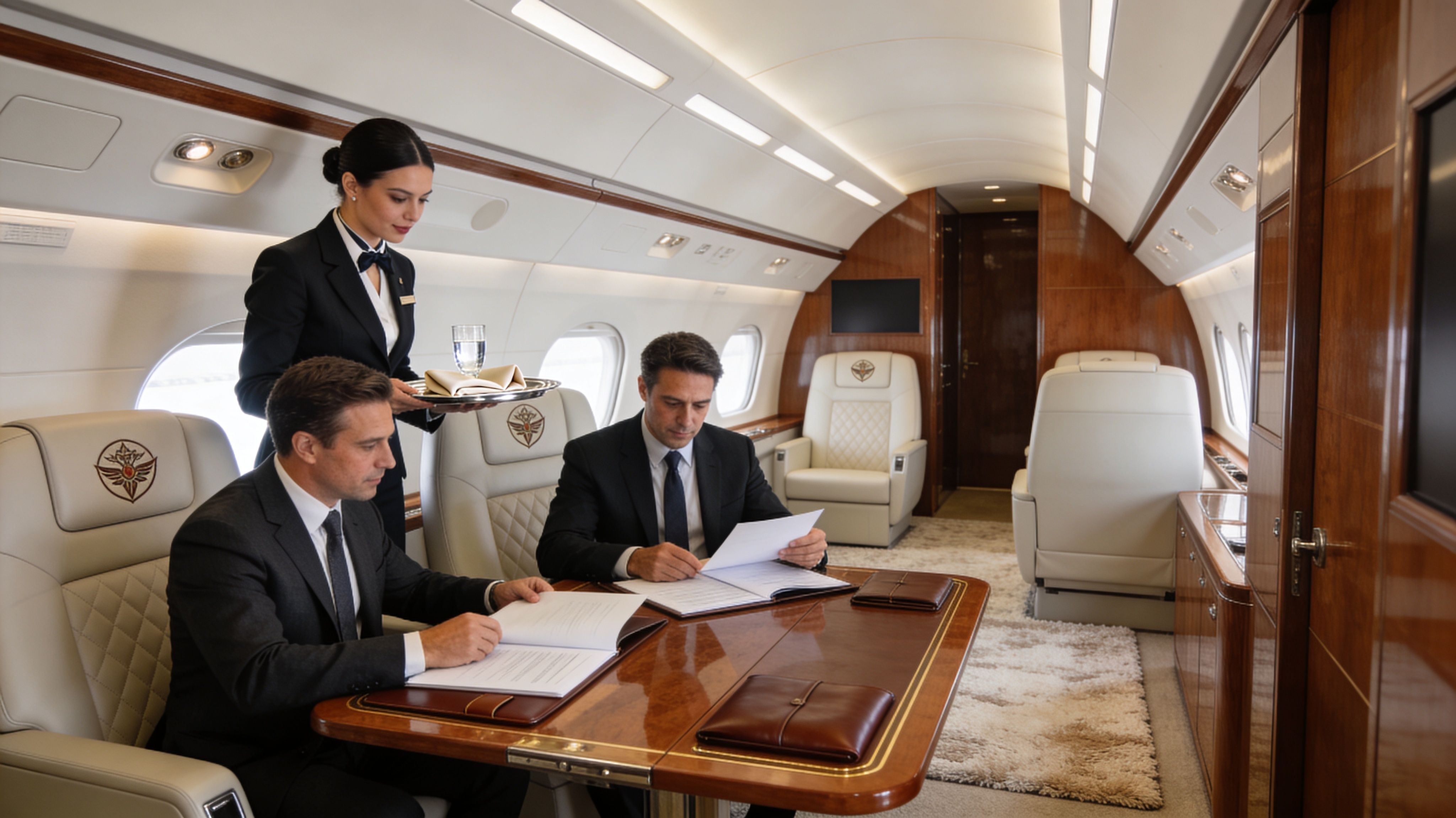 A professional flight attendant serving water to business travelers working on documents inside a private luxury jet cabin.