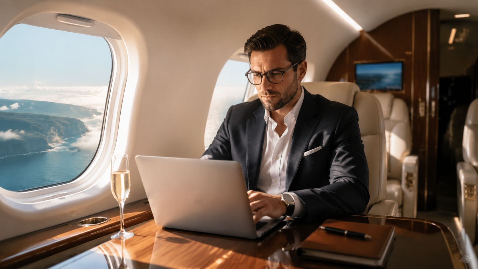 A professional man in a suit works on his laptop while flying in a private jet above coastline.