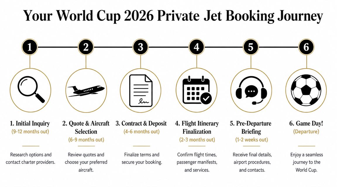 A six-step infographic detailing the timeline and process for booking a private jet for World Cup 2026.